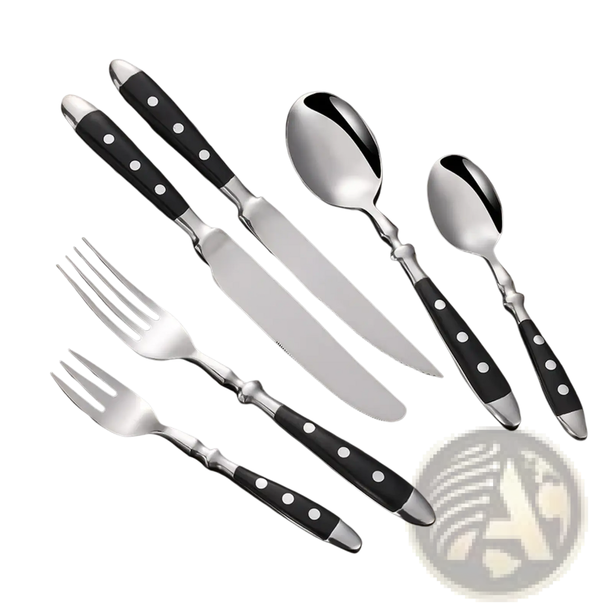 Stainless steel cutlery set with black handles featuring white polka dots for stylish table settings