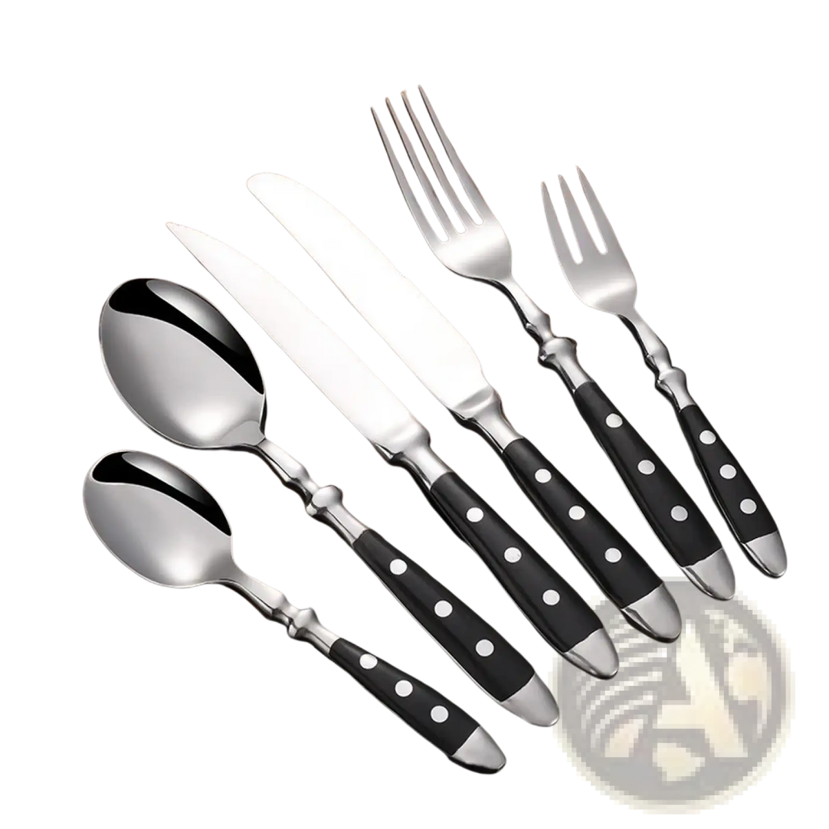 Stainless steel cutlery set with black polka dot handles and silver-toned accents for stylish flatware use