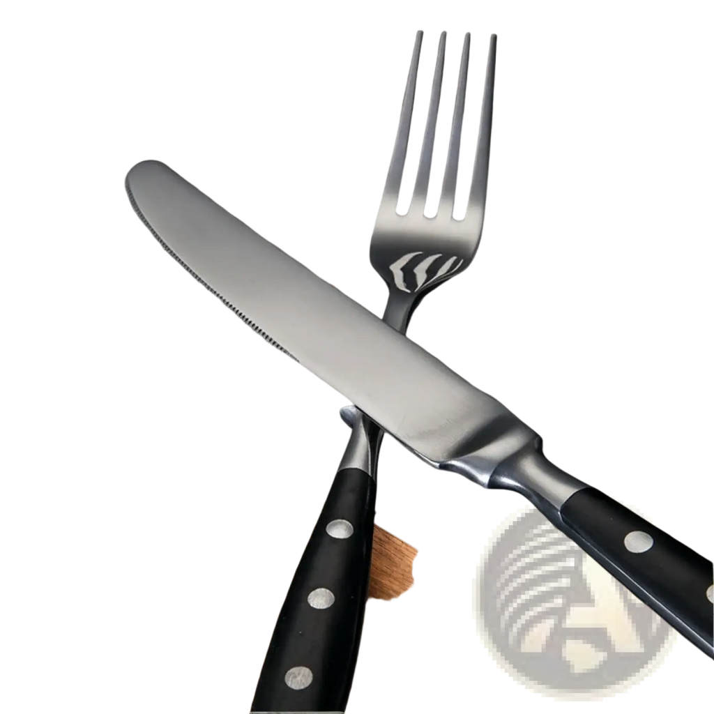 Black-handled stainless steel knife with sleek metallic blade and three silver accents from polka dot flatware set
