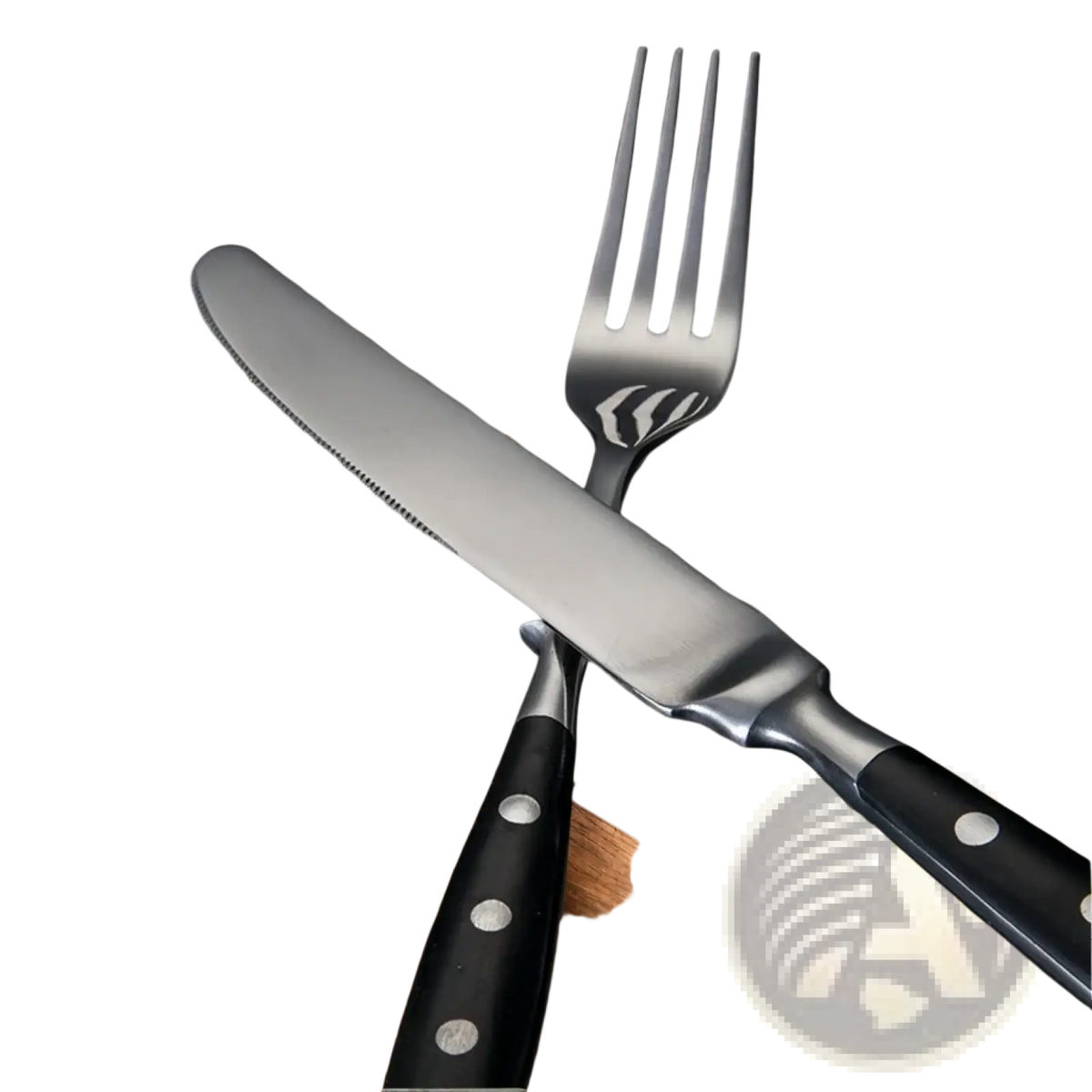 Black-handled stainless steel knife with sleek metallic blade and three silver accents from polka dot flatware set
