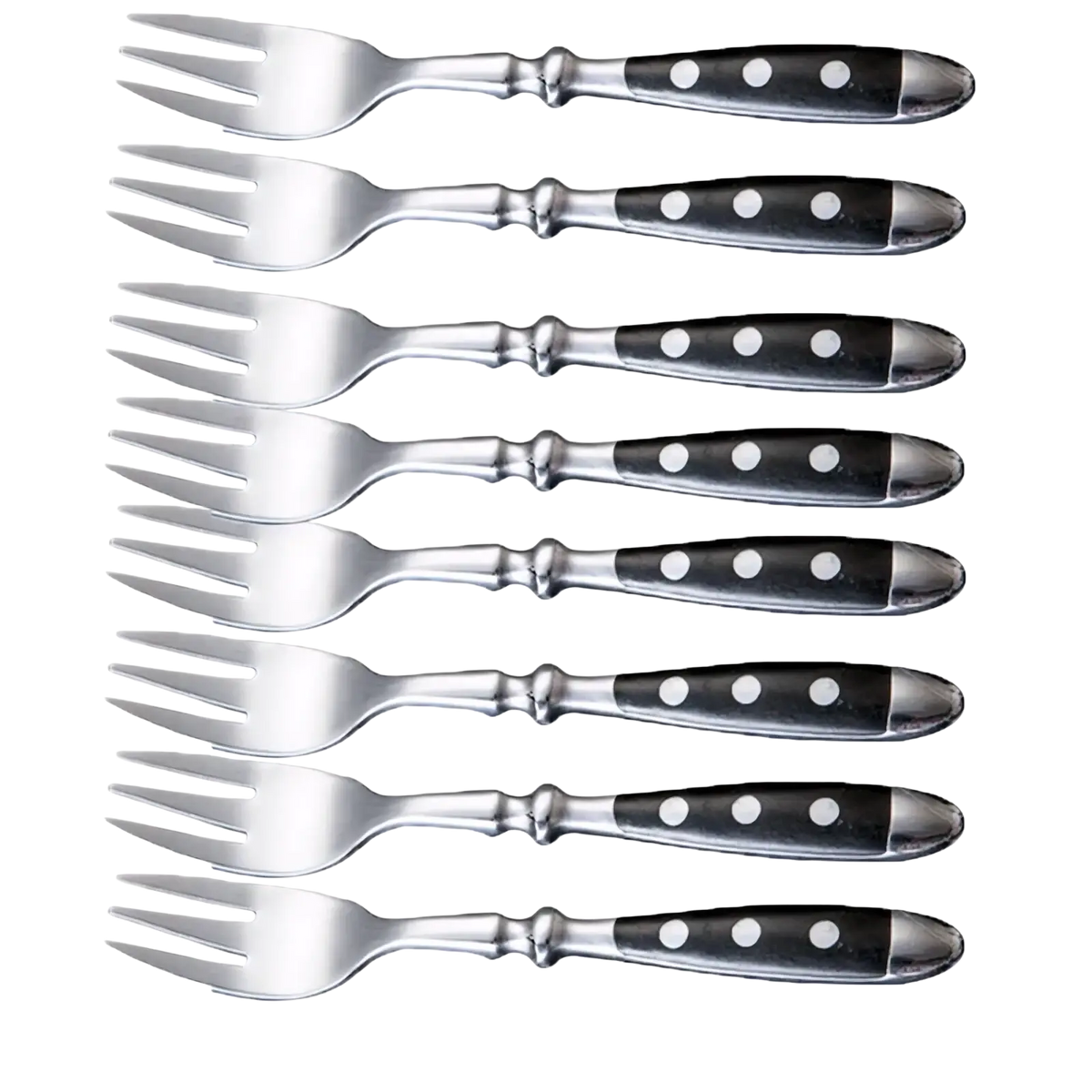 Set of eight stainless steel forks with black handles featuring white dot accents in polka dot flatware design