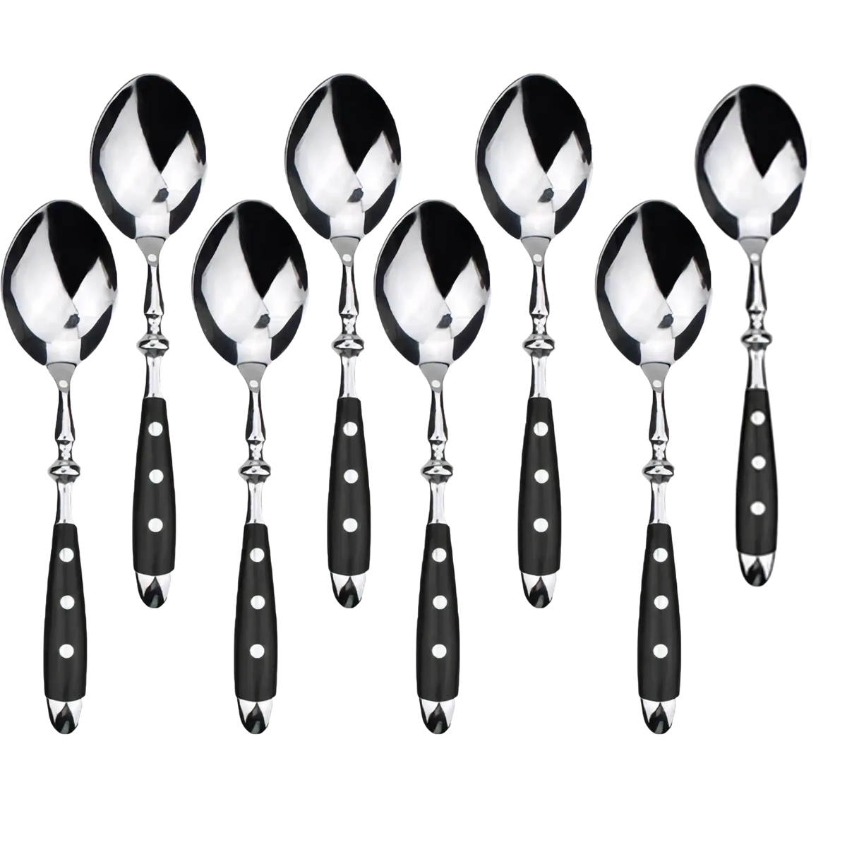 Set of eight black-handled stainless steel spoons with polished bowls and decorative rivets from polka dot flatware set