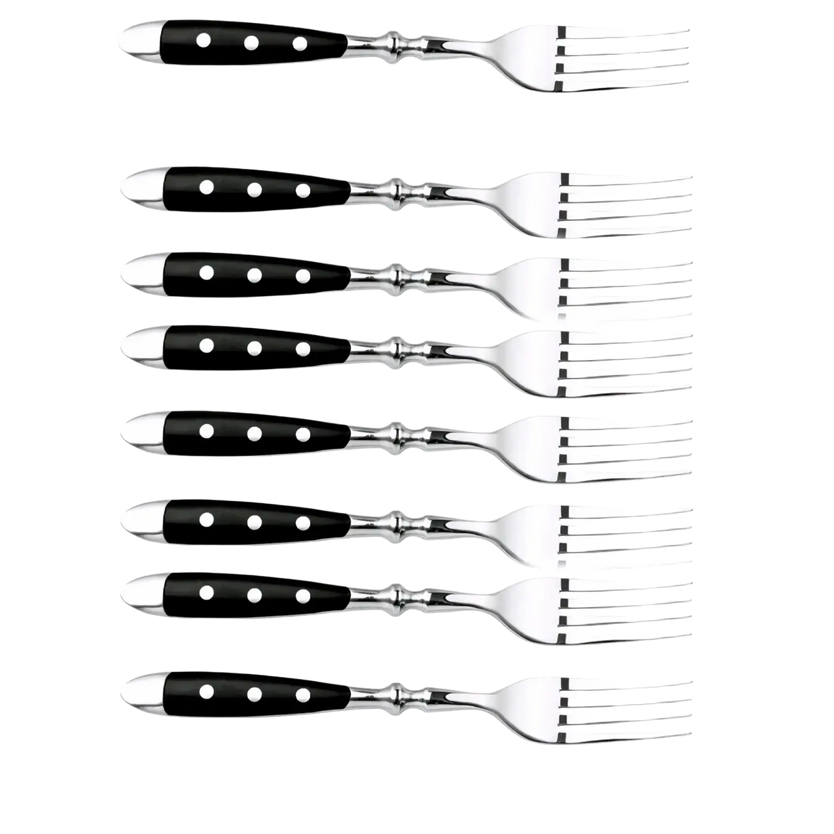 Set of eight stainless steel forks with black handles featuring three decorative dots and classic four tines