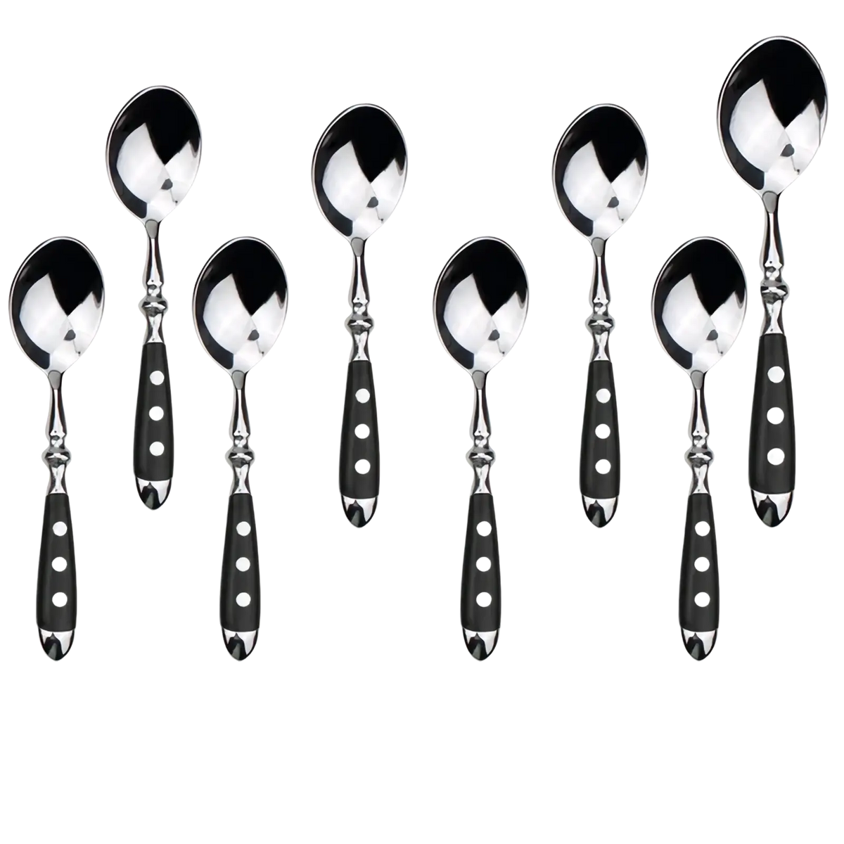 Set of eight stainless steel spoons with black polka dot handles and polished silver bowls measuring 15cm