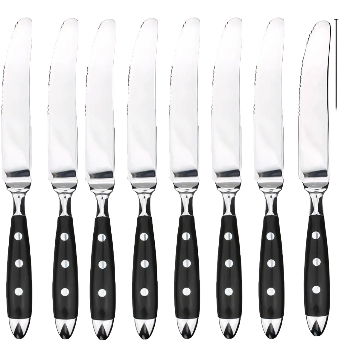 Set of eight sleek black-handled stainless steel steak knives with silver blades and white polka dot accents