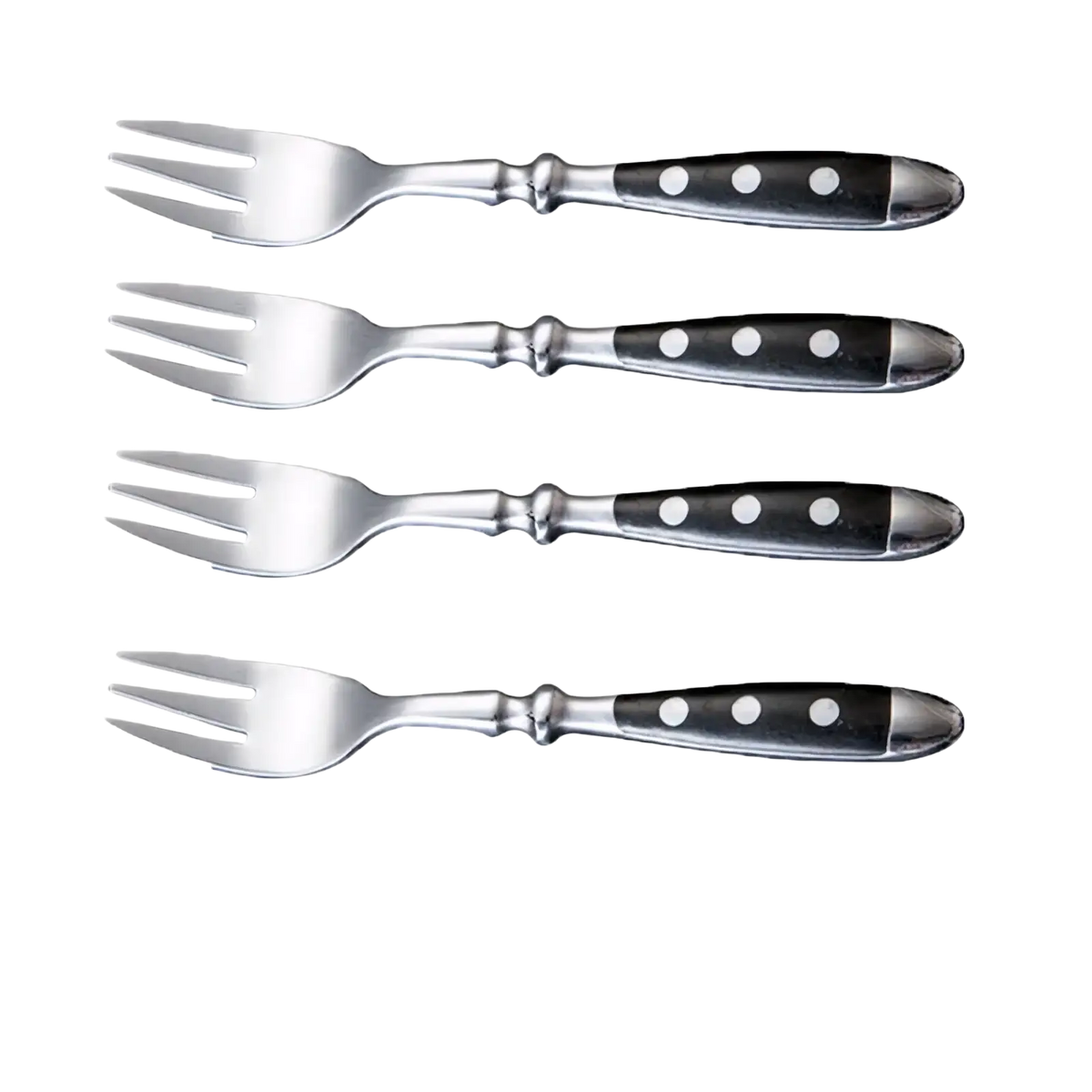 Set of four stainless steel dessert forks with black handles and white dot accents from polka dot flatware set