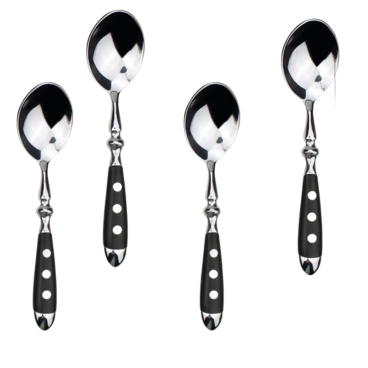 Set of four stainless steel spoons with black polka dot handles and shiny silver bowls, 5.9 inches long