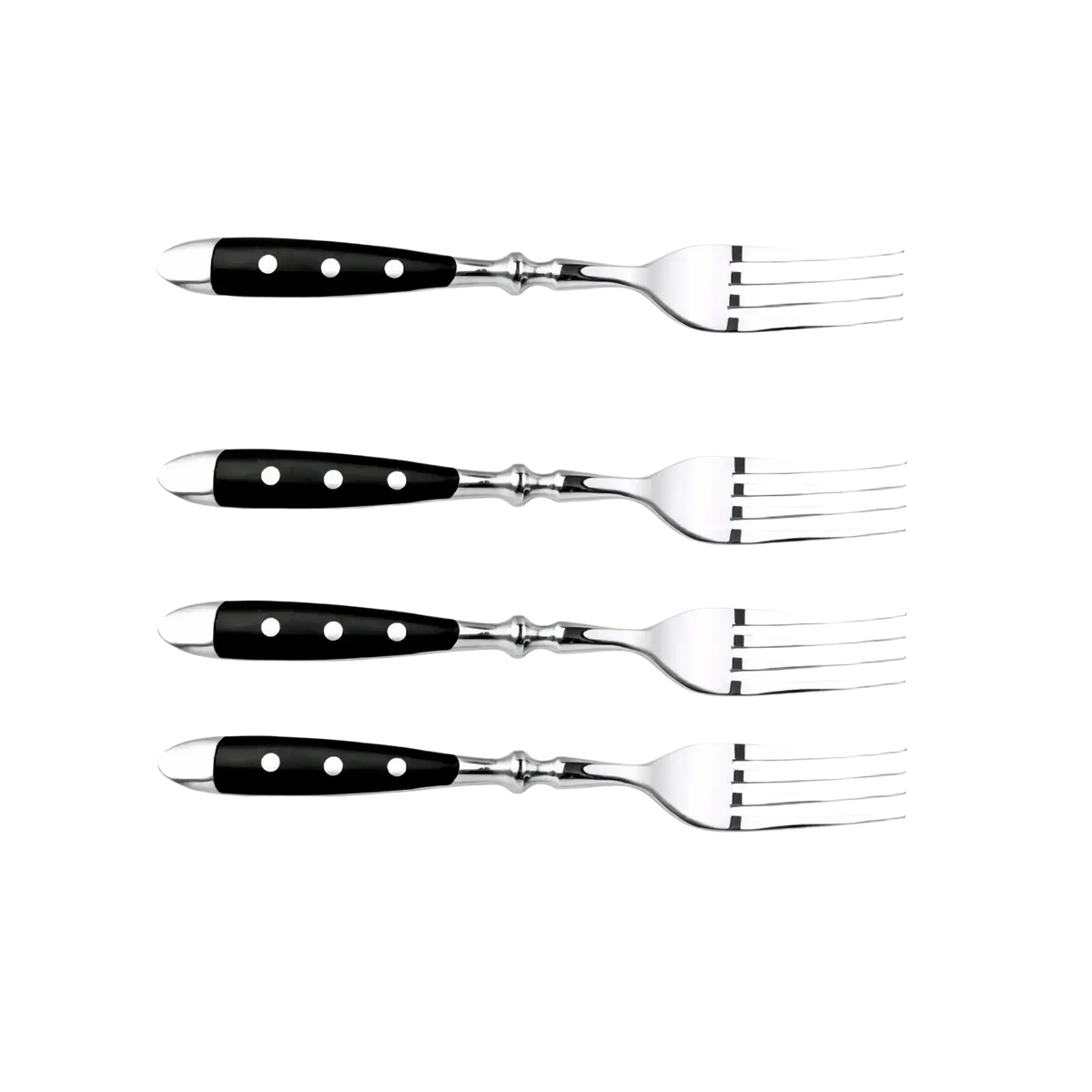 Set of four elegant stainless steel cutlery forks with black handles and decorative pearl-like dots in polka dot style