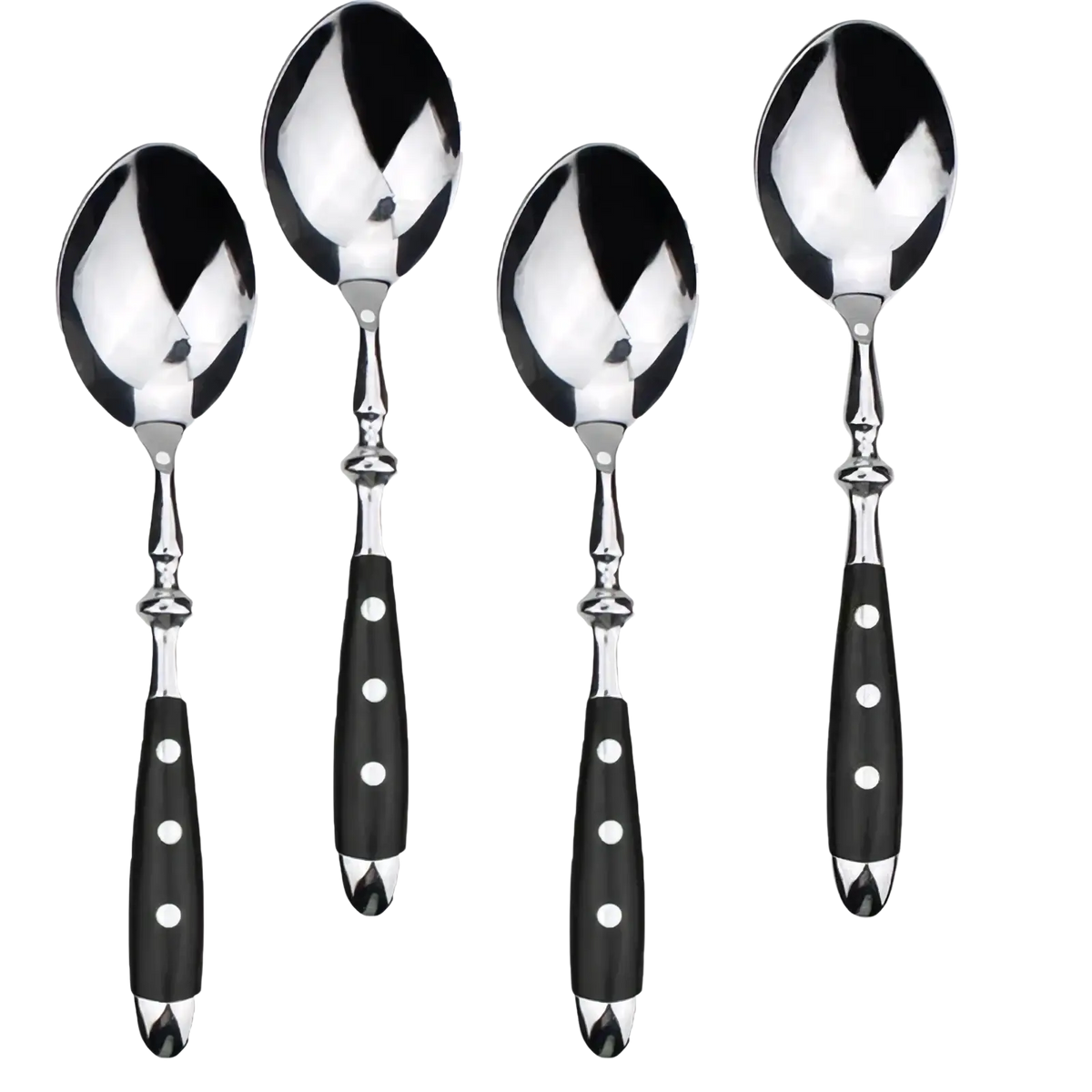 Set of four stainless steel spoons with black polka dot handles and polished chrome accents for elegant dining