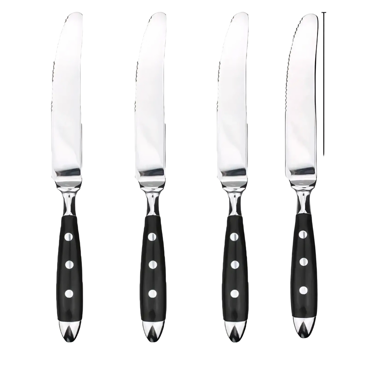 Set of four stainless steel cutlery knives with sleek black handles and white dot accents measuring 8.3 inches