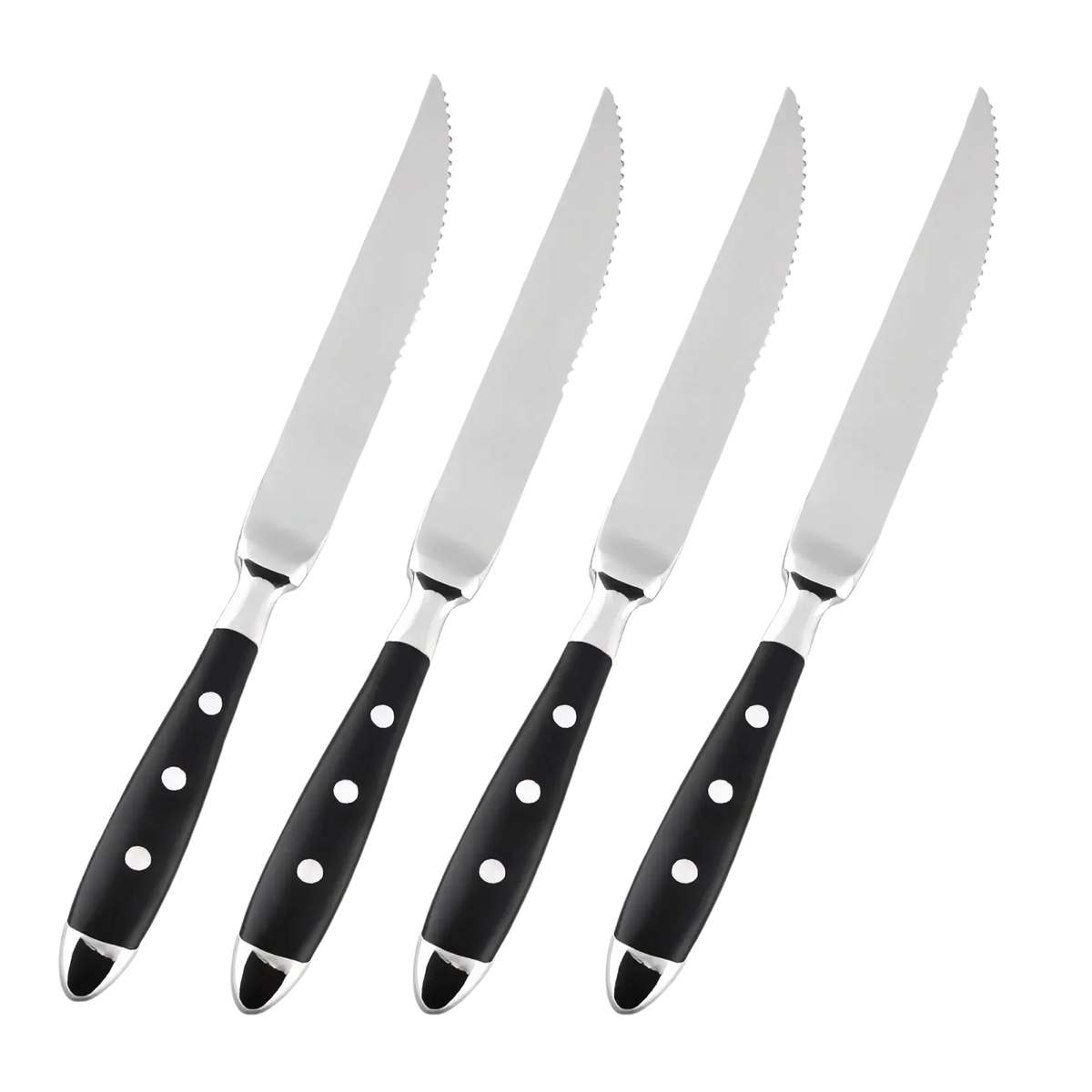 Set of four stainless steel steak knives with black polka dot handles and silver-colored tips in cutlery set