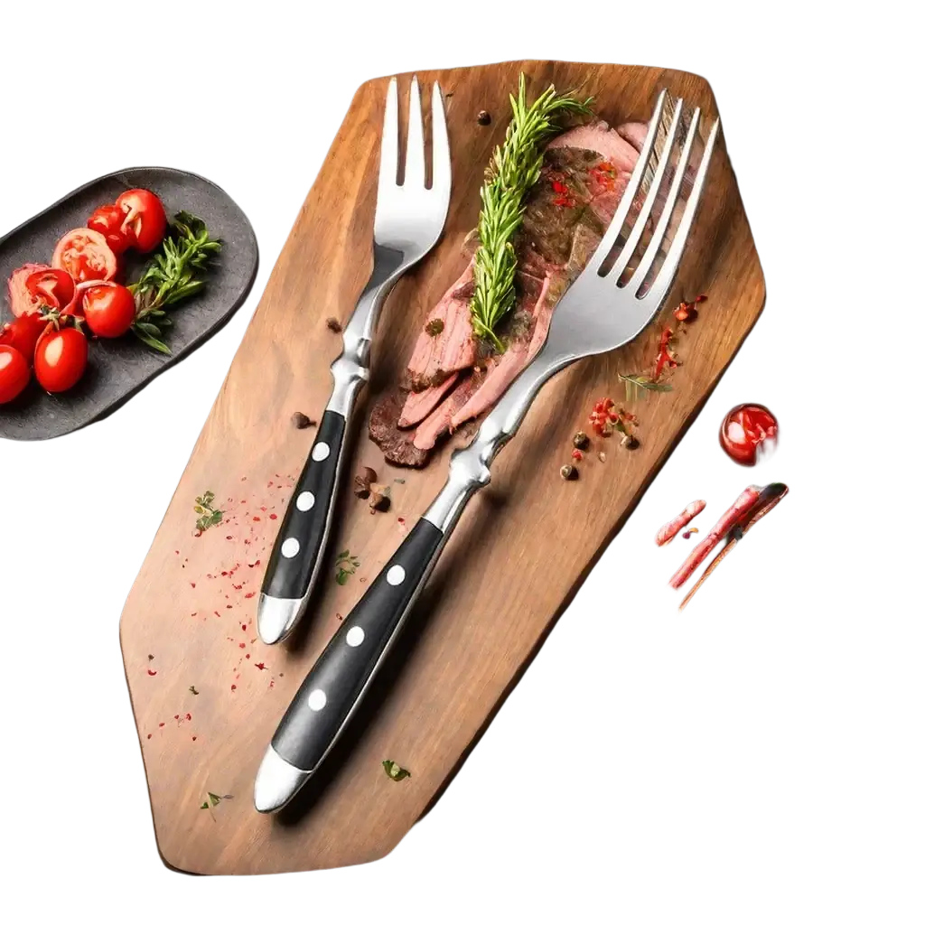 A pair of stainless steel forks with black and white polka dot handles on a wooden cutting board
