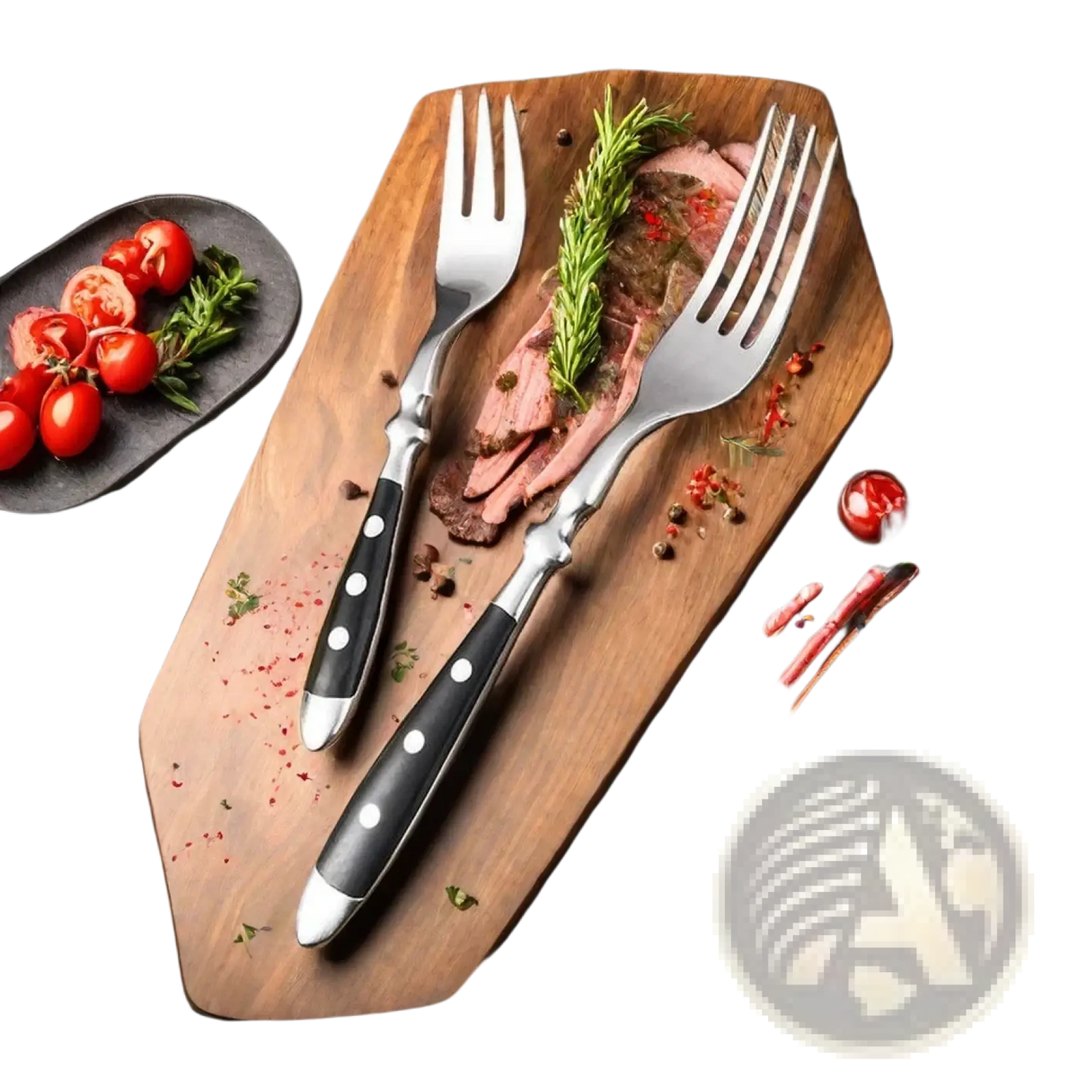 A pair of stainless steel forks with black and white polka dot handles on a wooden cutting board