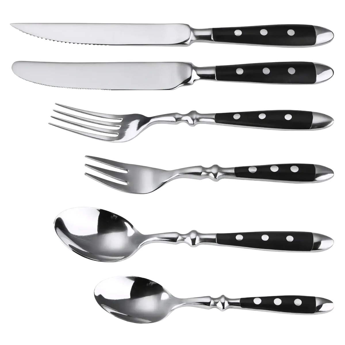 Set of six stainless steel cutlery with black handles and silver-toned accents featuring three white polka dots
