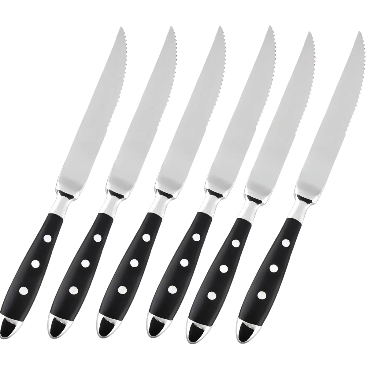 Set of six black-handled steak knives with silver serrated stainless steel blades and white dot accents for dining