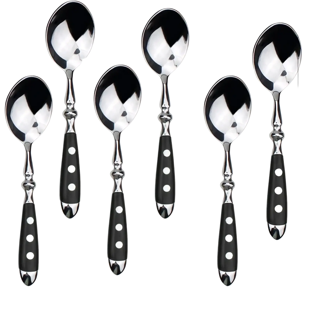 Set of six stainless steel spoons with polished bowls and black handles featuring white polka dots 5.9 inches long