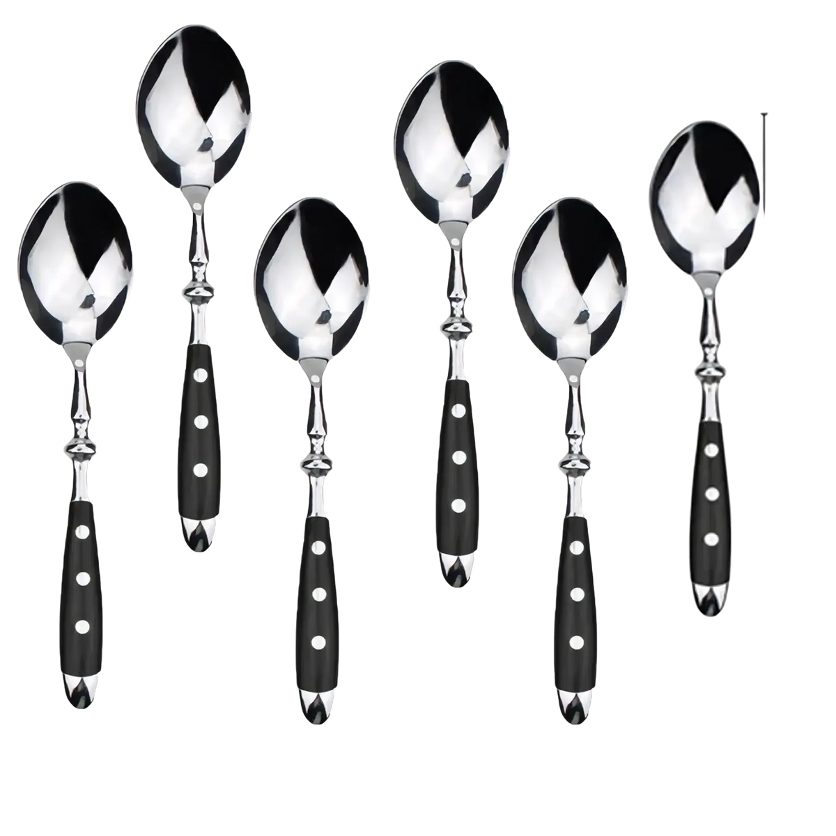 Set of six stainless steel spoons with elegant black handles silver accents and white dot detailing flatware set