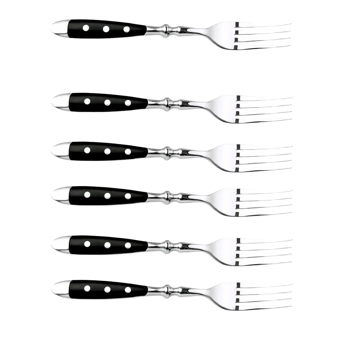 Set of six elegant black-handled stainless steel forks with silver-toned tines and decorative rivets from polka dot flatware