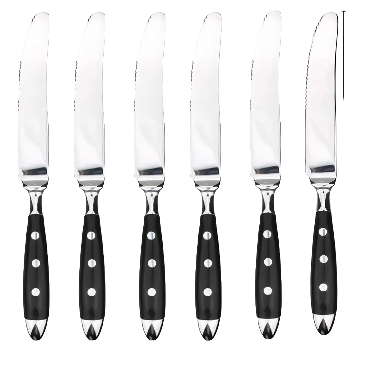 Set of six stainless steel steak knives with black handles featuring three white dots for elegant flatware use
