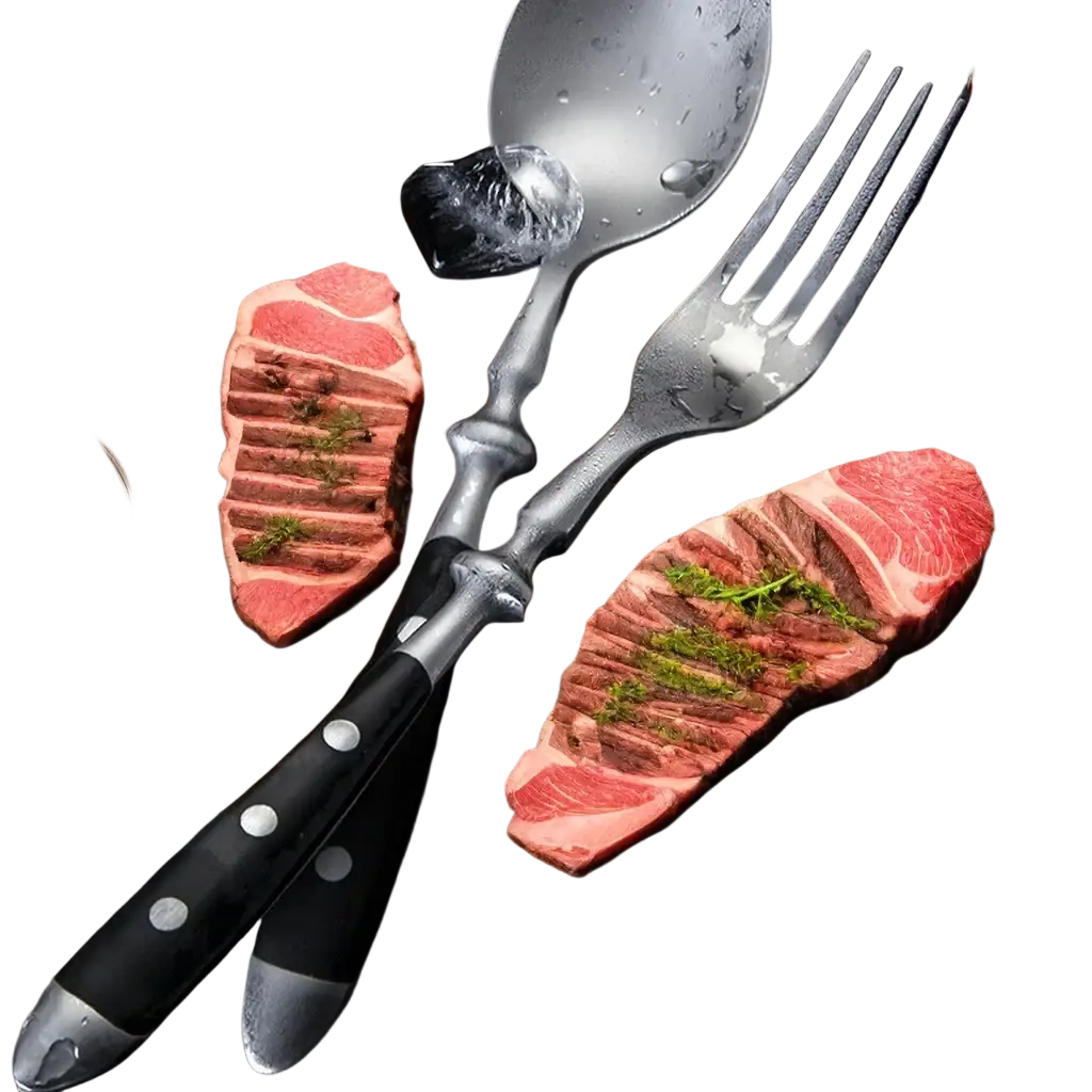 Stainless steel cutlery set polka dot flatware with black ergonomic handles on wooden board beside grilled steaks
