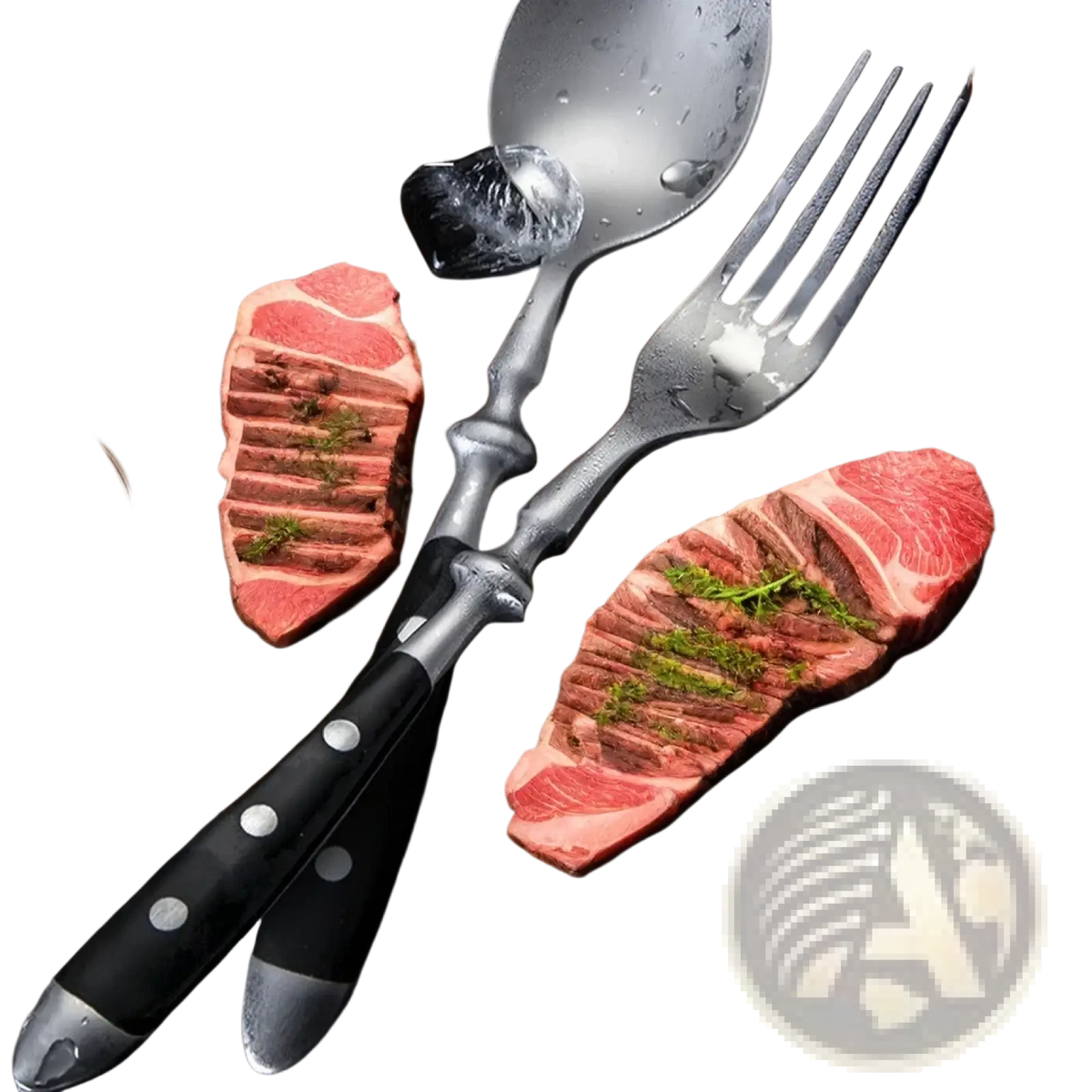 Stainless steel cutlery set polka dot flatware with black ergonomic handles on wooden board beside grilled steaks