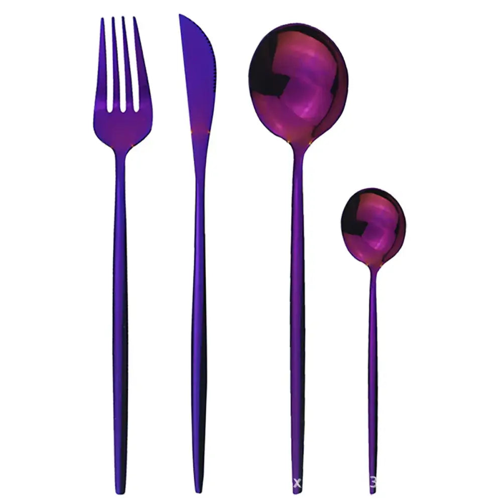 Modern gold polished stainless steel flatware set featuring four sleek purple metallic cutlery pieces including fork knife and spoons
