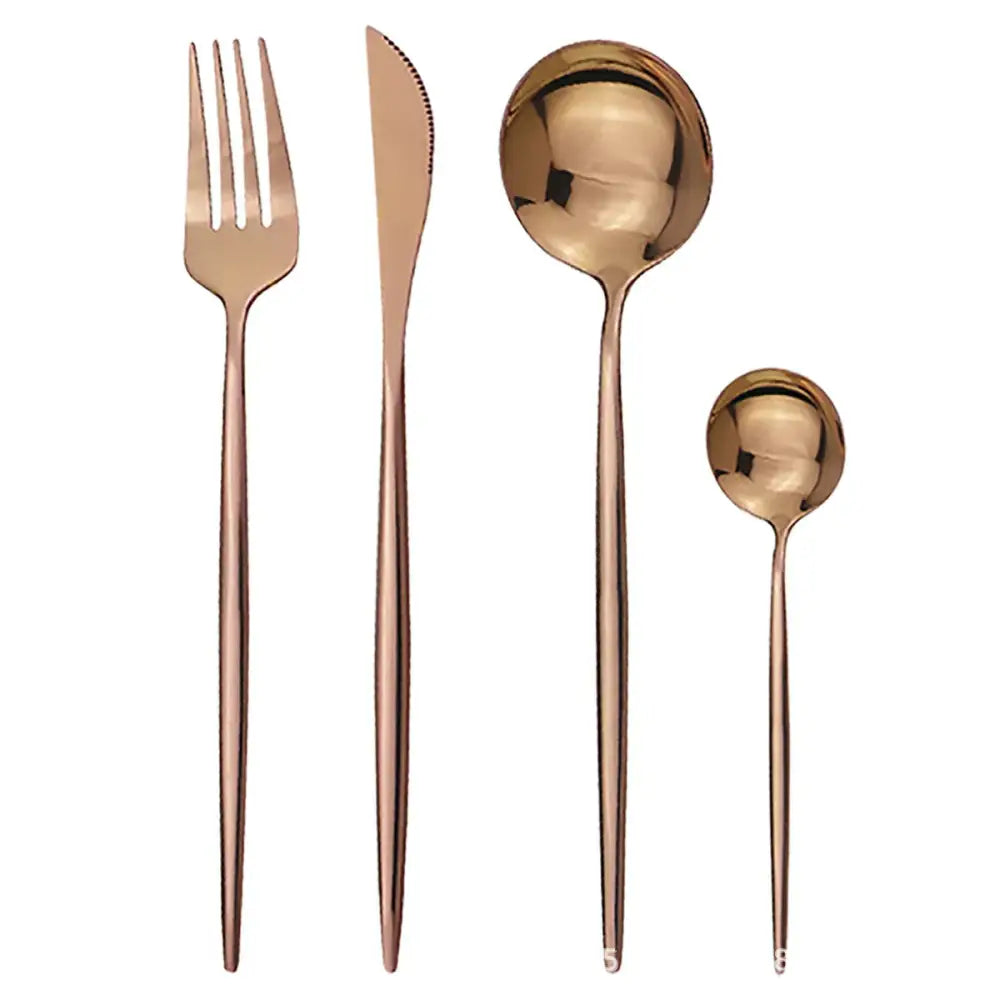 Modern gold polished stainless steel flatware set with rose gold-toned fork knife and two spoons in sleek design