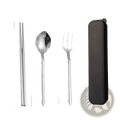 Stainless steel cutlery set with travel case featuring silver spoon fork and chopsticks in an elegant design