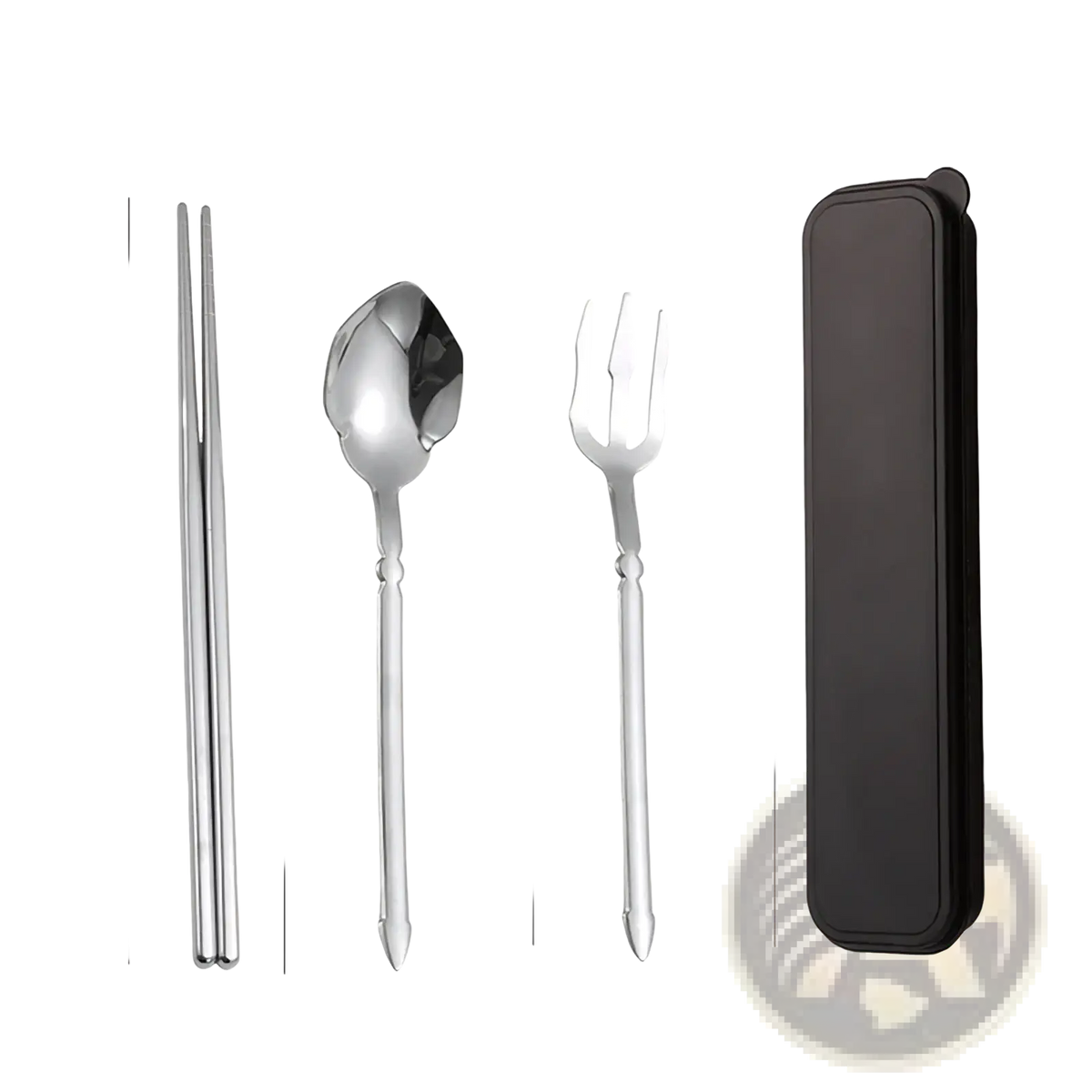 Stainless steel cutlery set with travel case featuring silver spoon fork and chopsticks in an elegant design
