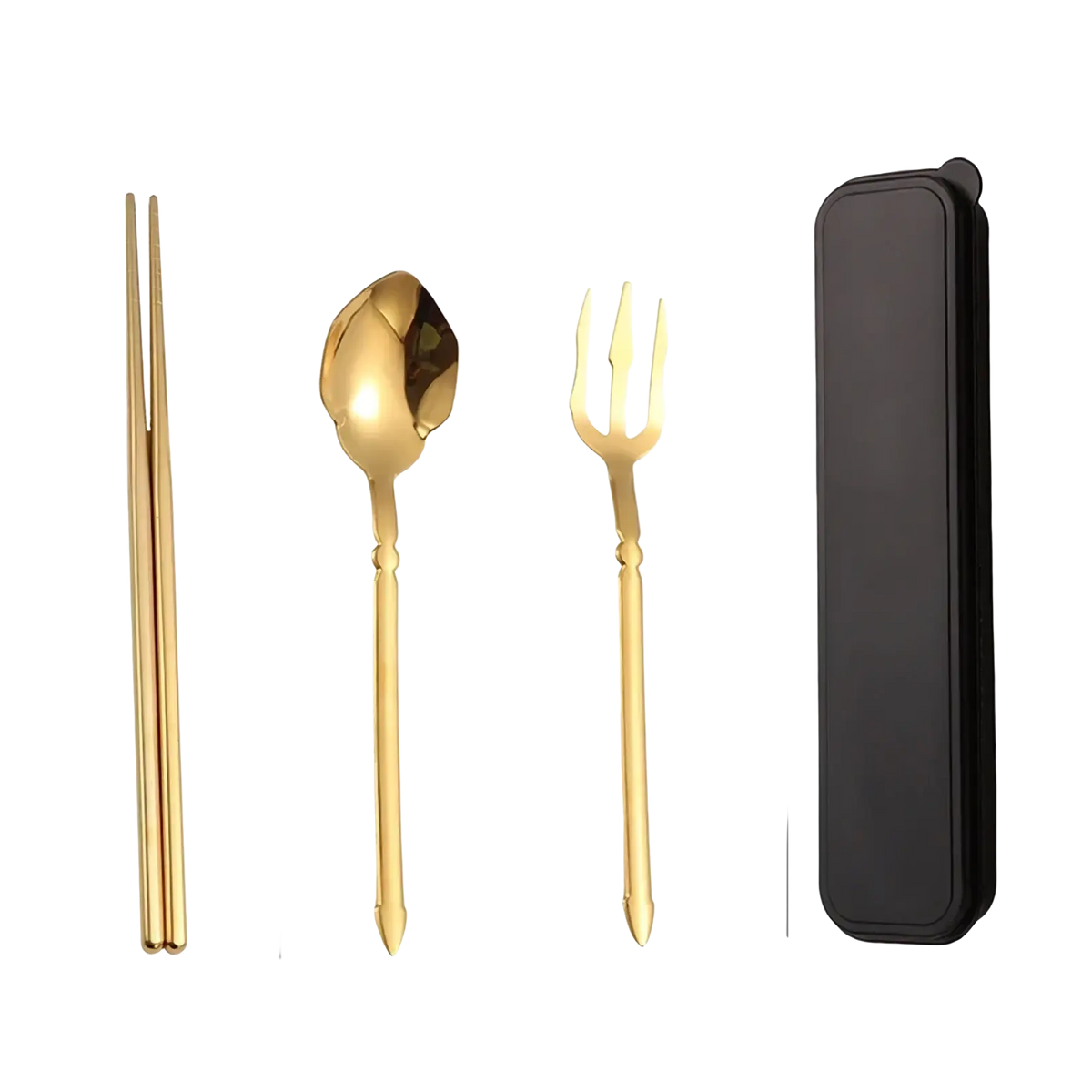 Stainless steel cutlery set with travel case featuring gold-colored spoon fork and chopsticks in matching design
