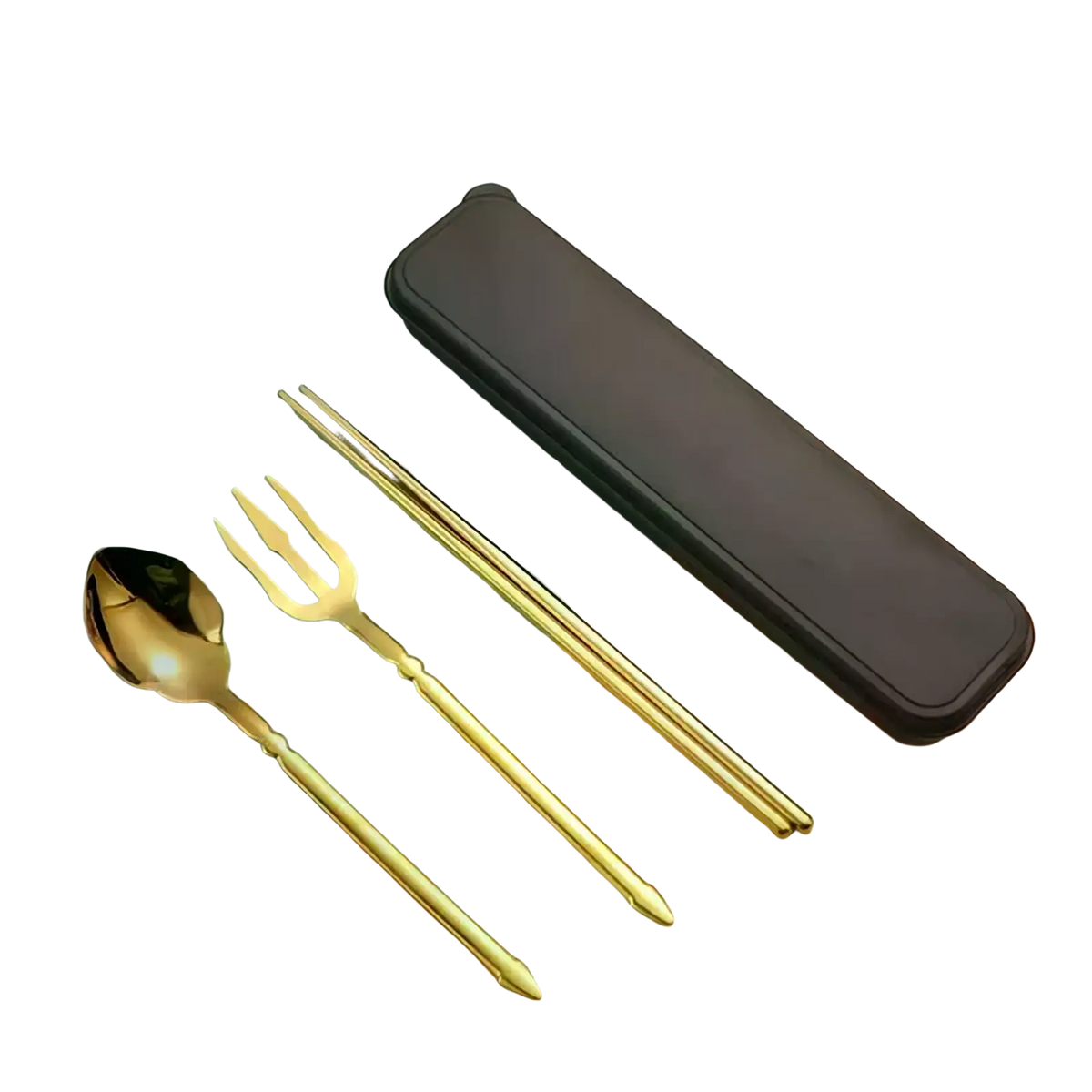 Gold-colored stainless steel cutlery set with a matching black travel case for convenient portability
