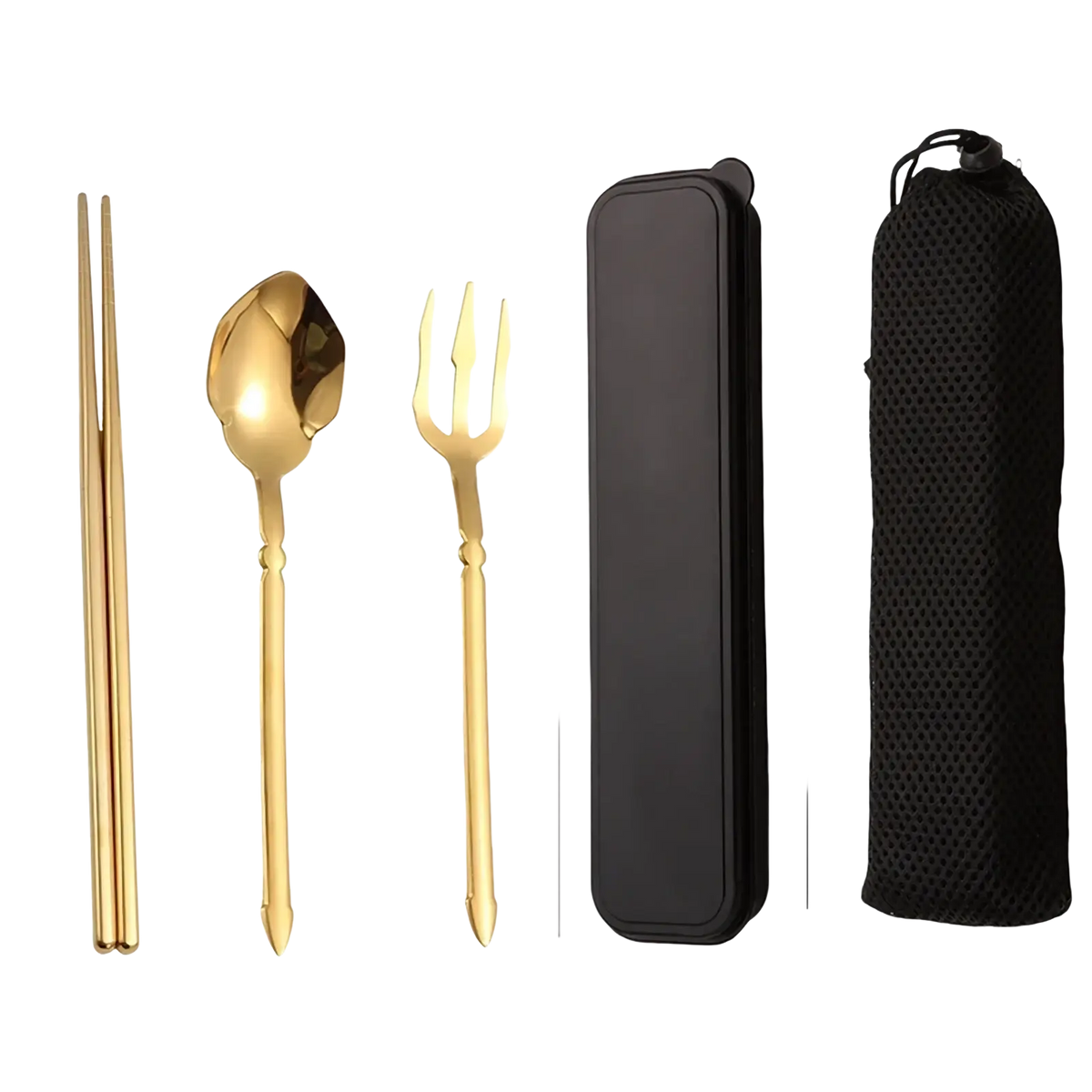 Gold-colored stainless steel cutlery set with chopsticks spoon and fork featuring ornate leaf-shaped bowl with travel case