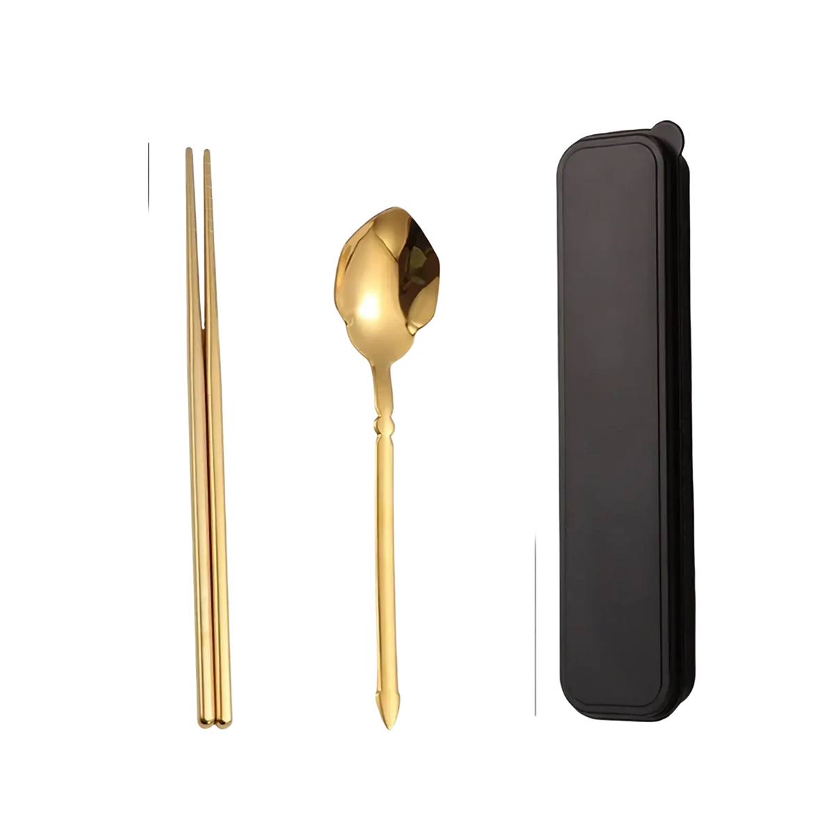 Gold-colored stainless steel spoon with tulip-shaped bowl and slender handle from cutlery set with travel case