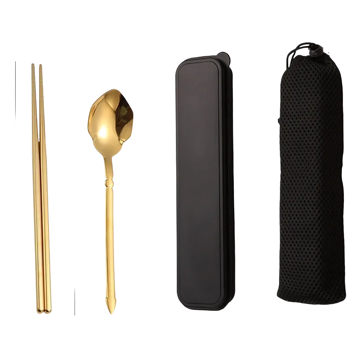Gold-colored stainless steel spoon with tulip-shaped bowl and slender handle for elegant dining in travel case set