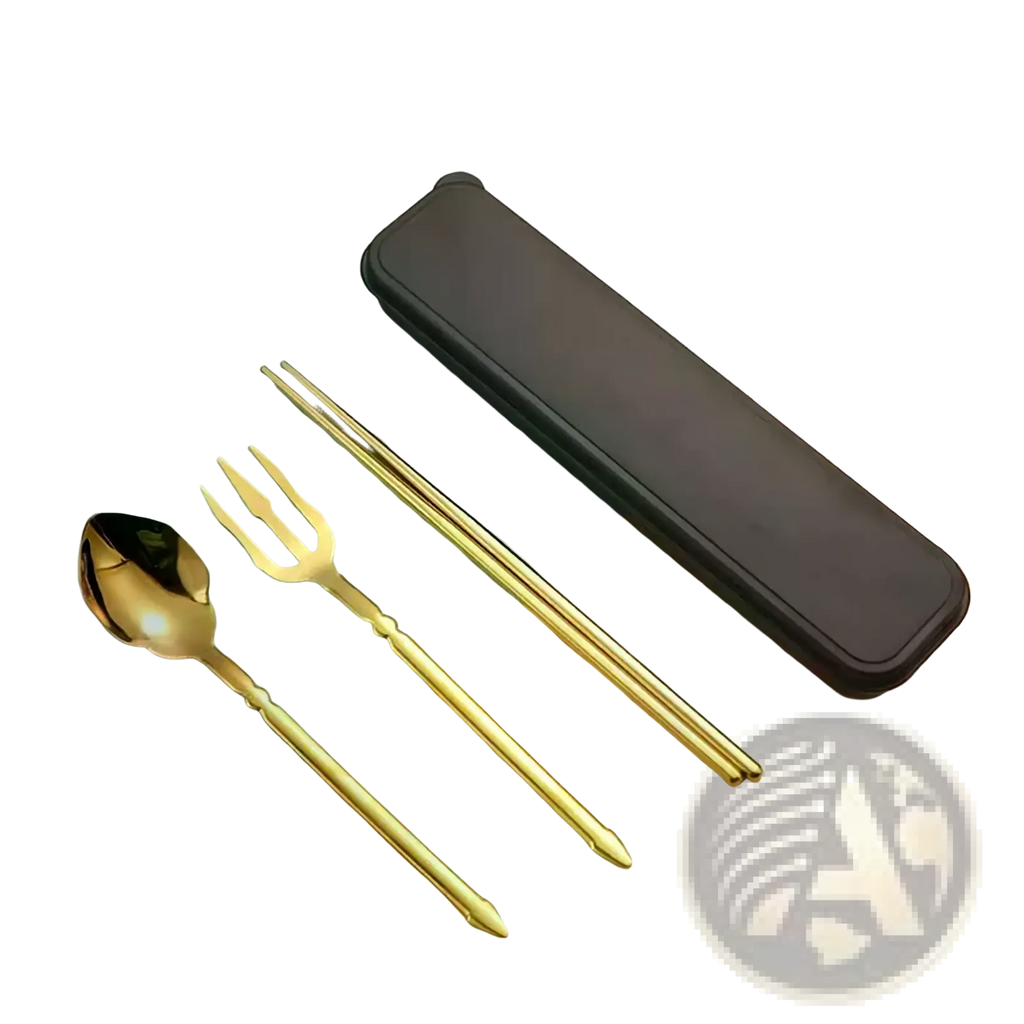 Gold-colored stainless steel cutlery set with a matching black travel case for convenient portability