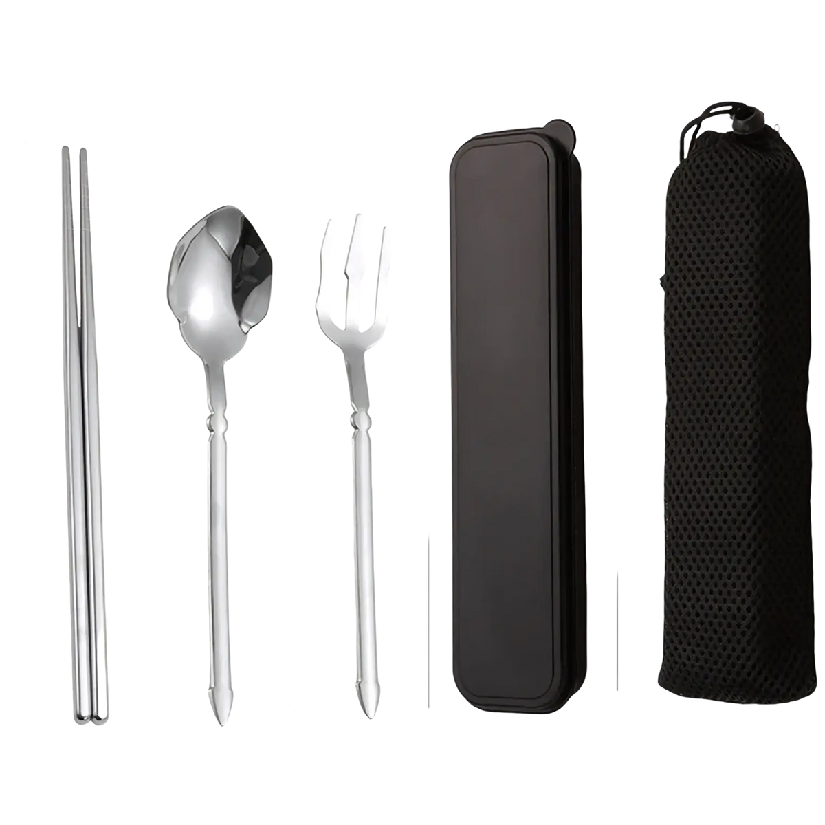 Silver stainless steel cutlery set with chopsticks spoon and fork in black travel case and mesh carrying bag
