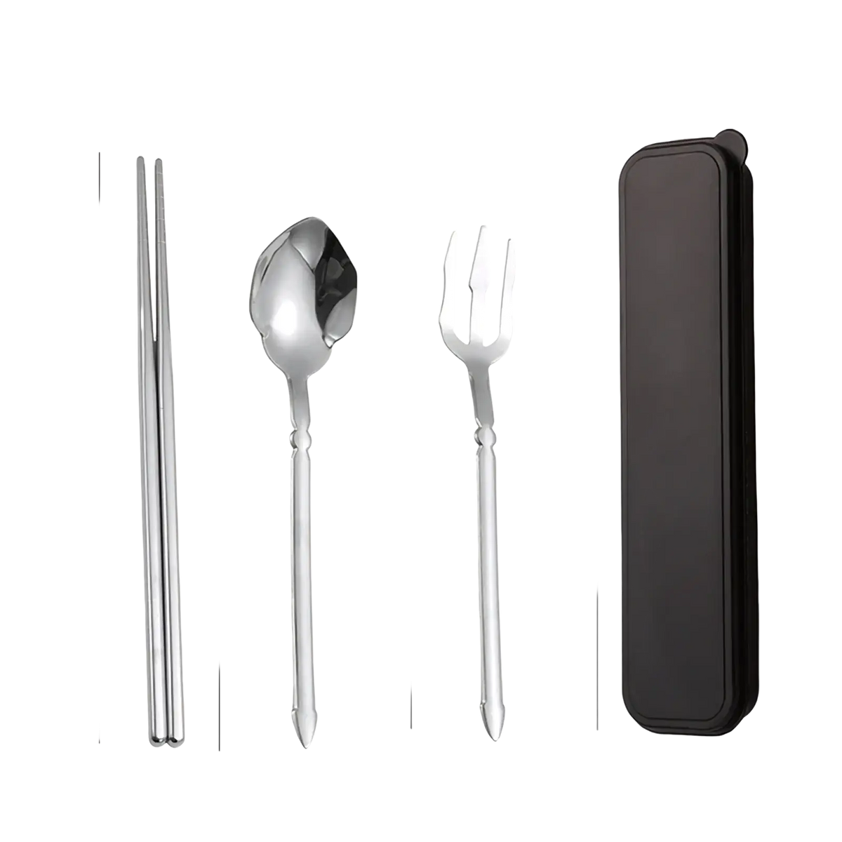 Stainless steel cutlery set with travel case featuring silver spoon fork and chopsticks in an elegant design