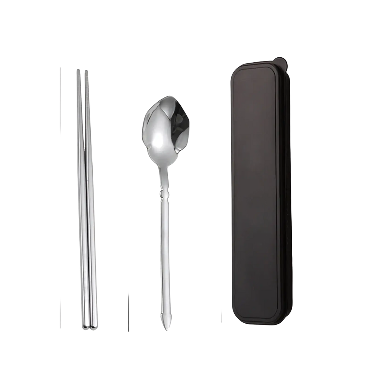 Stainless steel spoon with sleek elongated handle and curved bowl from stainless steel cutlery set with travel case