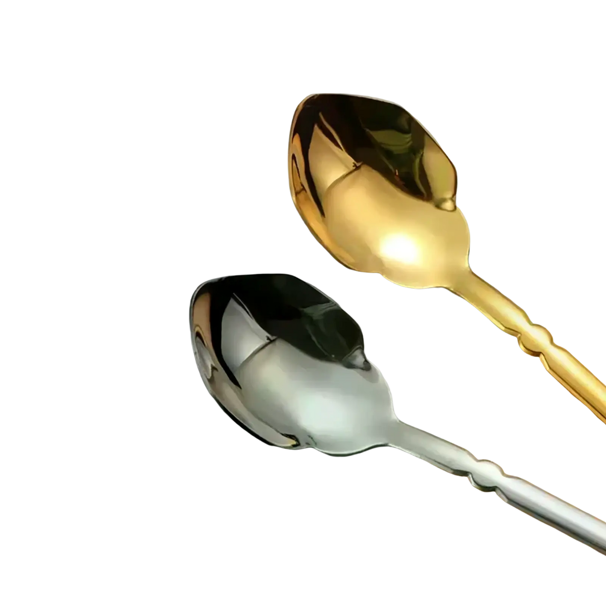 Two elegant spoons in polished gold and sleek silver with ornate twisted handles from stainless steel cutlery set with travel case
