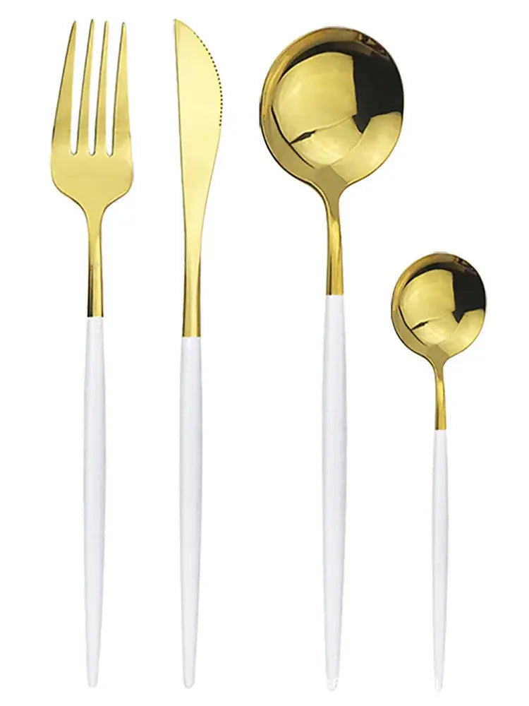 Modern gold polished stainless steel flatware set with gold and white two-tone design and sleek polished metallic heads
