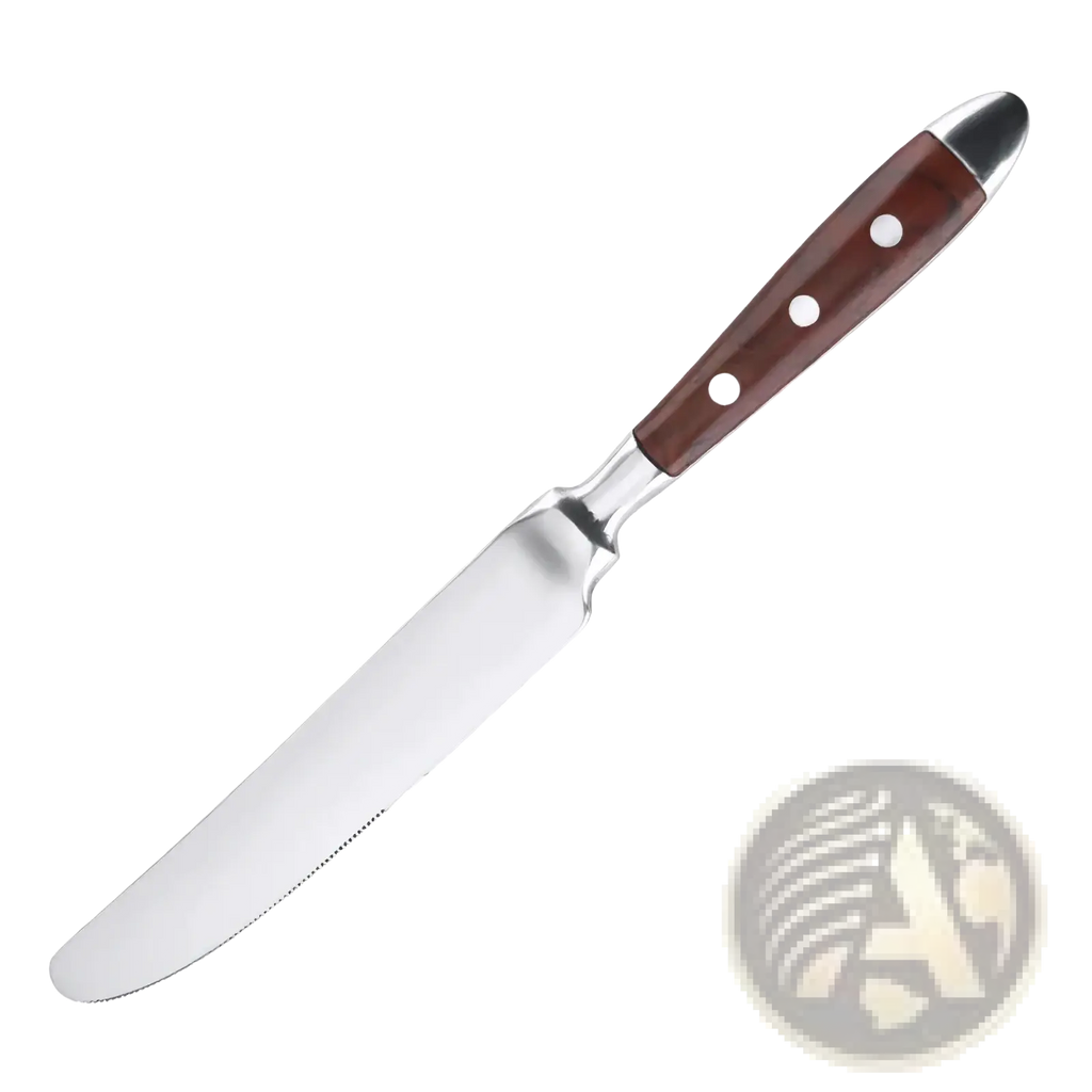 A stainless steel serrated bread knife with a polished blade and a rich brown wooden handle with silver rivets