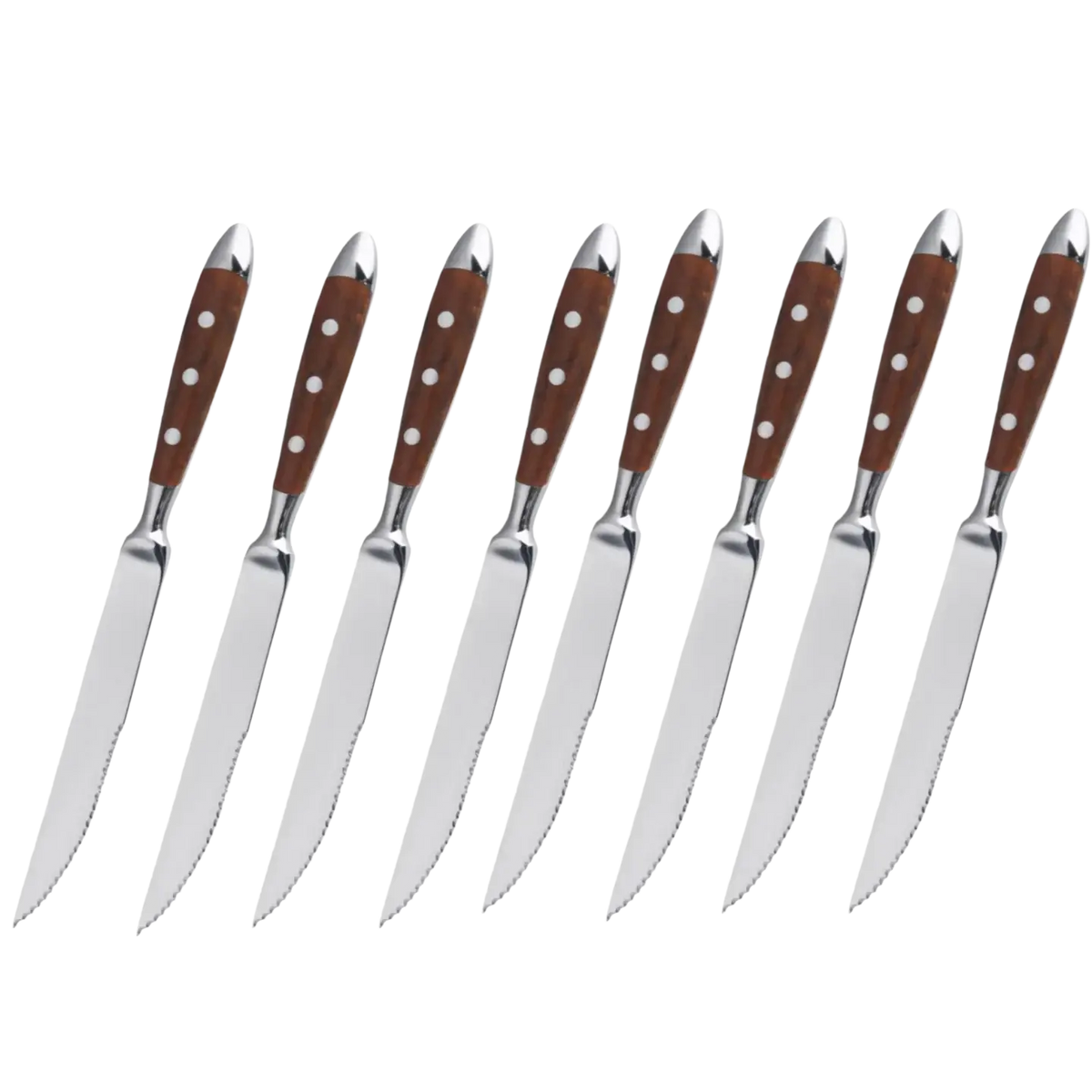 Set of eight stainless steel steak knives with brown wooden handles featuring white dot inlays for dining use