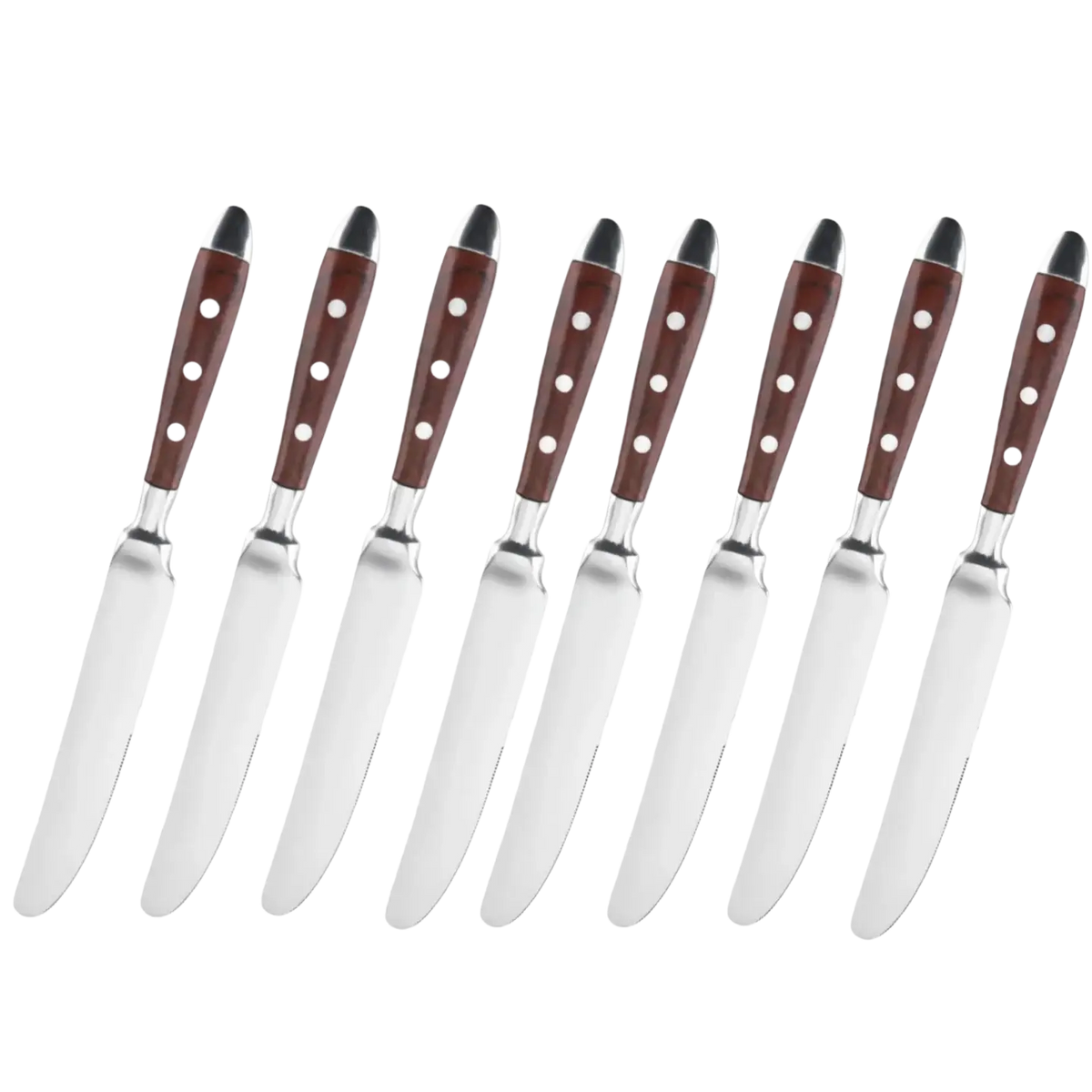 Set of eight stainless steel dinner knives with rich brown wooden handles and white dot inlays for dining