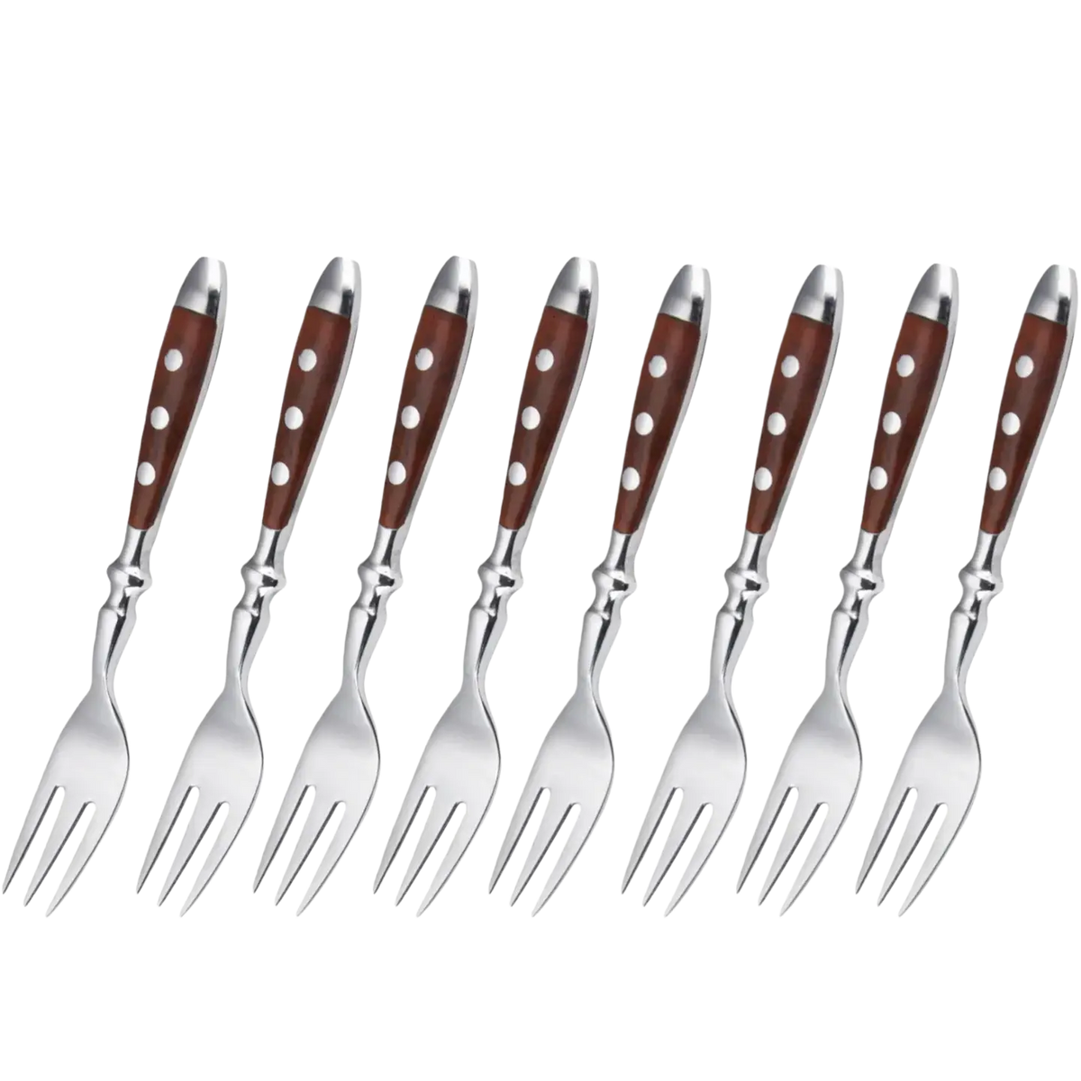 Set of eight stainless steel forks with rich brown wooden handles featuring white polka dots in cutlery set