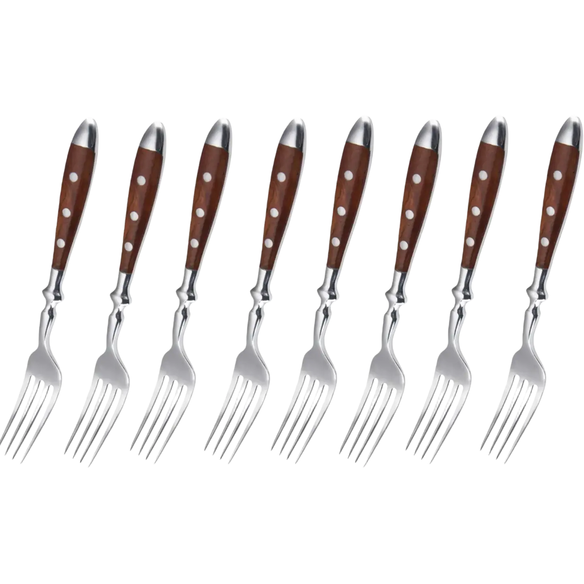 Set of eight stainless steel forks with polished silver tips and rich brown wooden handles adorned with white dots