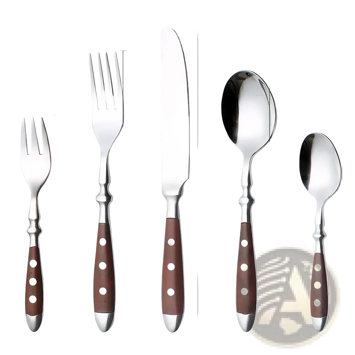 Set of five stainless steel cutlery pieces with brown wooden handles featuring white dot accents and silver tips