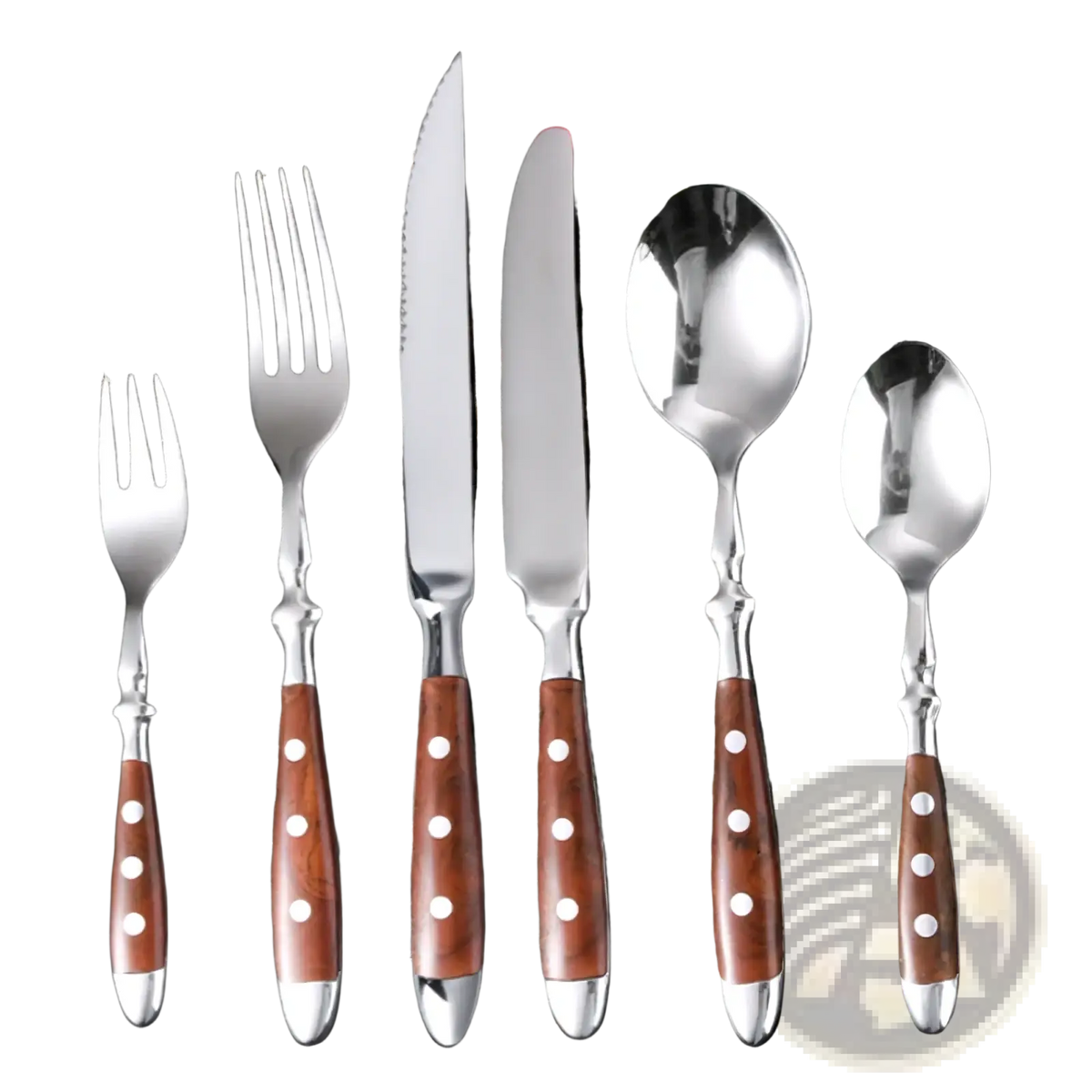 Set of five stainless steel cutlery pieces with brown wooden handles featuring white dot inlays for dining use