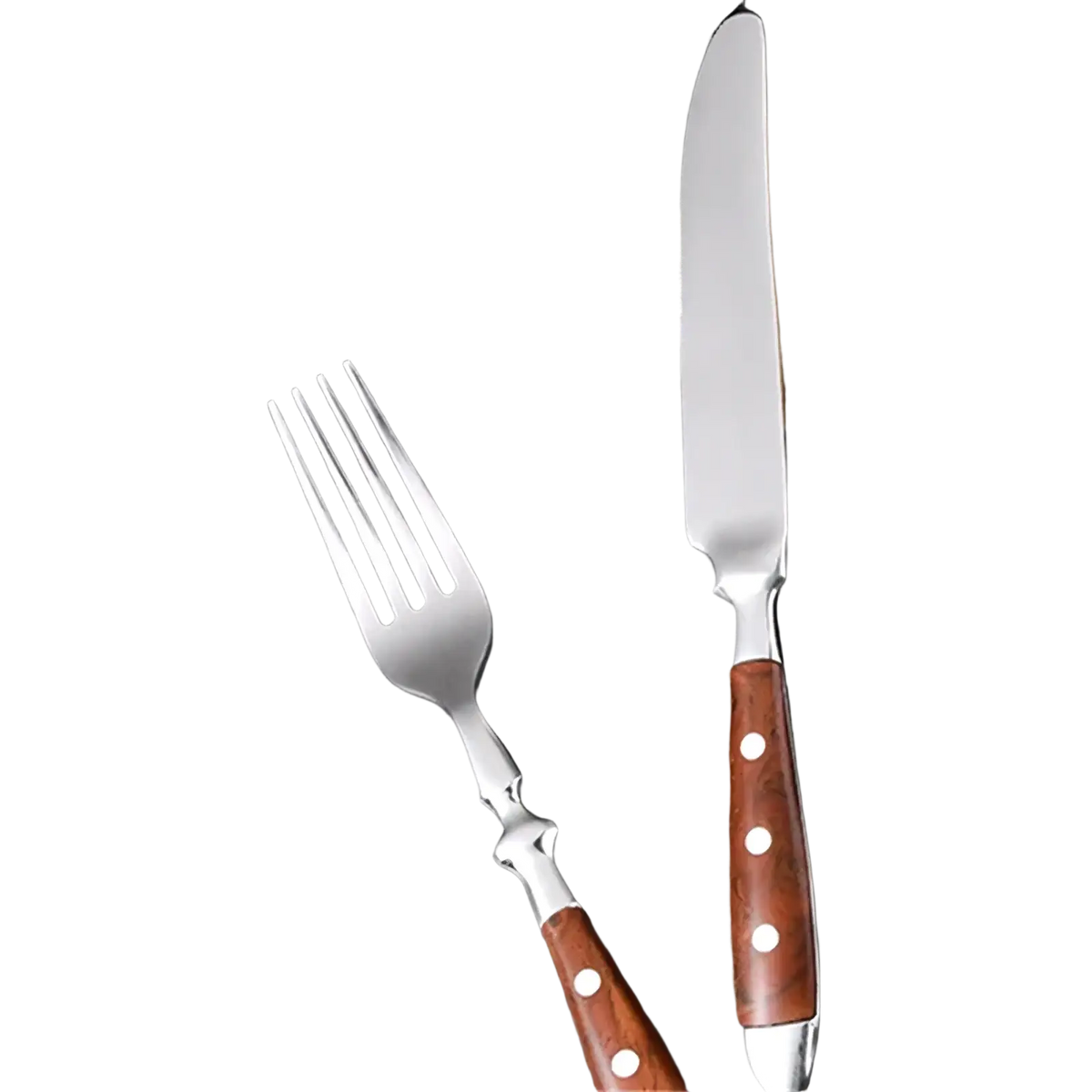 Stainless steel cutlery set with rich brown wooden handles and three white decorative dots on each handle