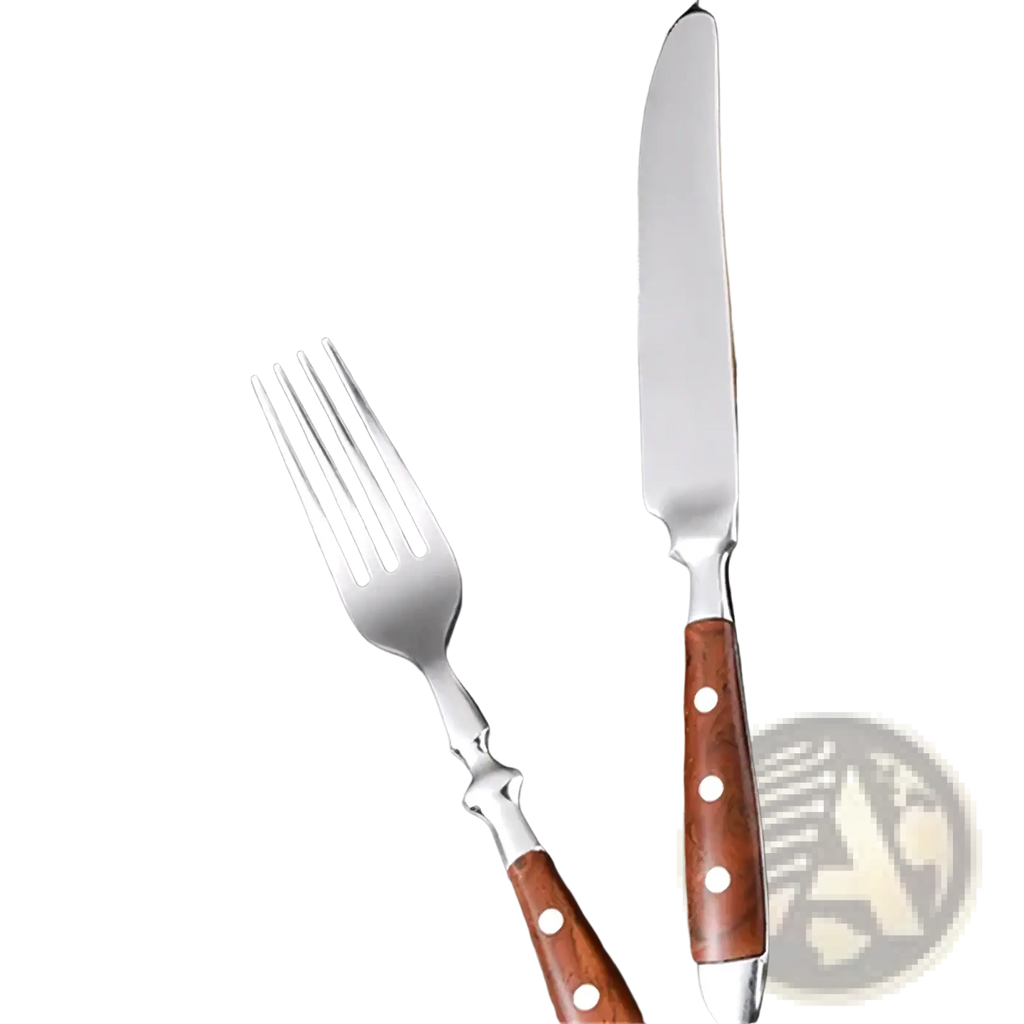 Stainless steel cutlery set with rich brown wooden handles and three white decorative dots on each handle