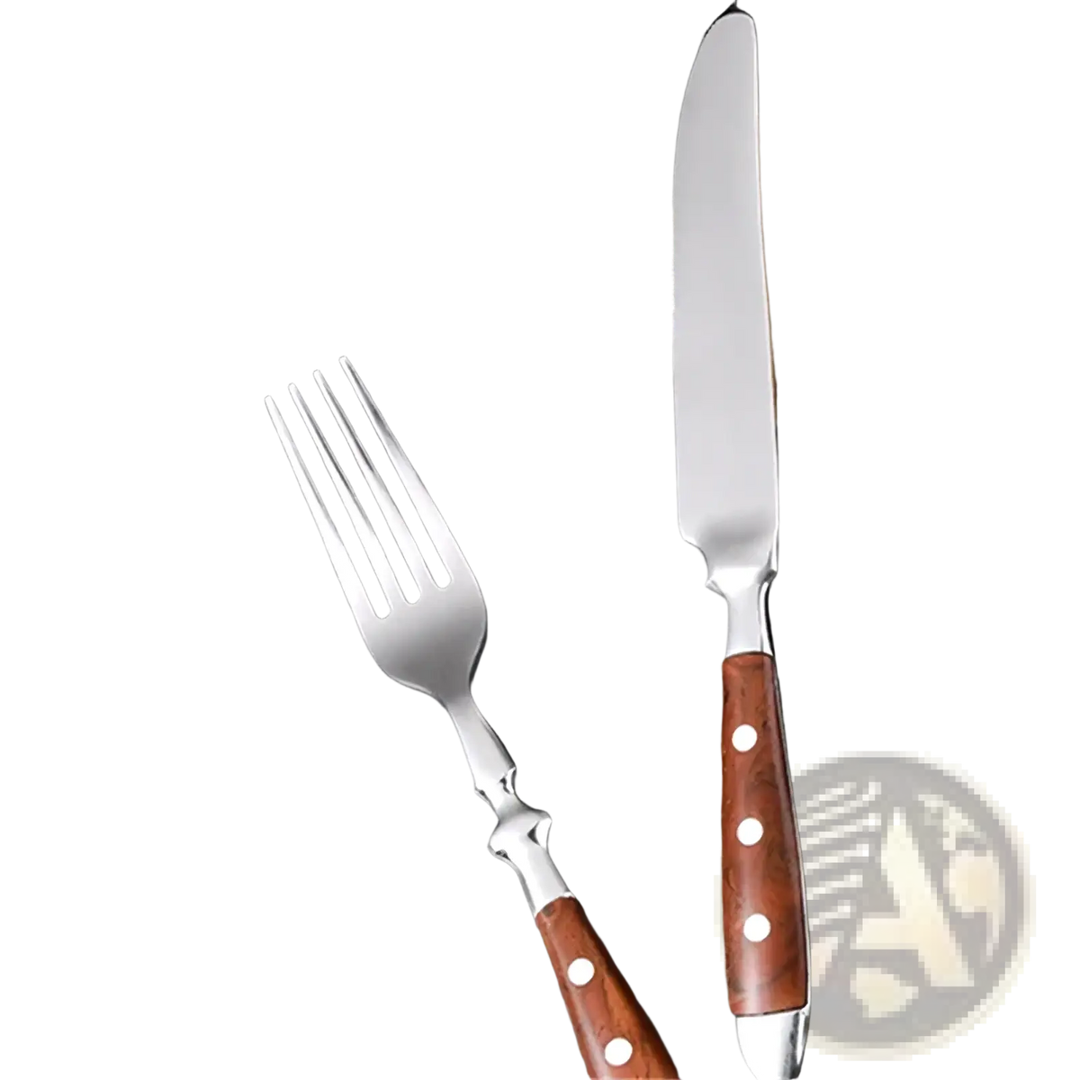 Stainless steel cutlery set with rich brown wooden handles and three white decorative dots on each handle